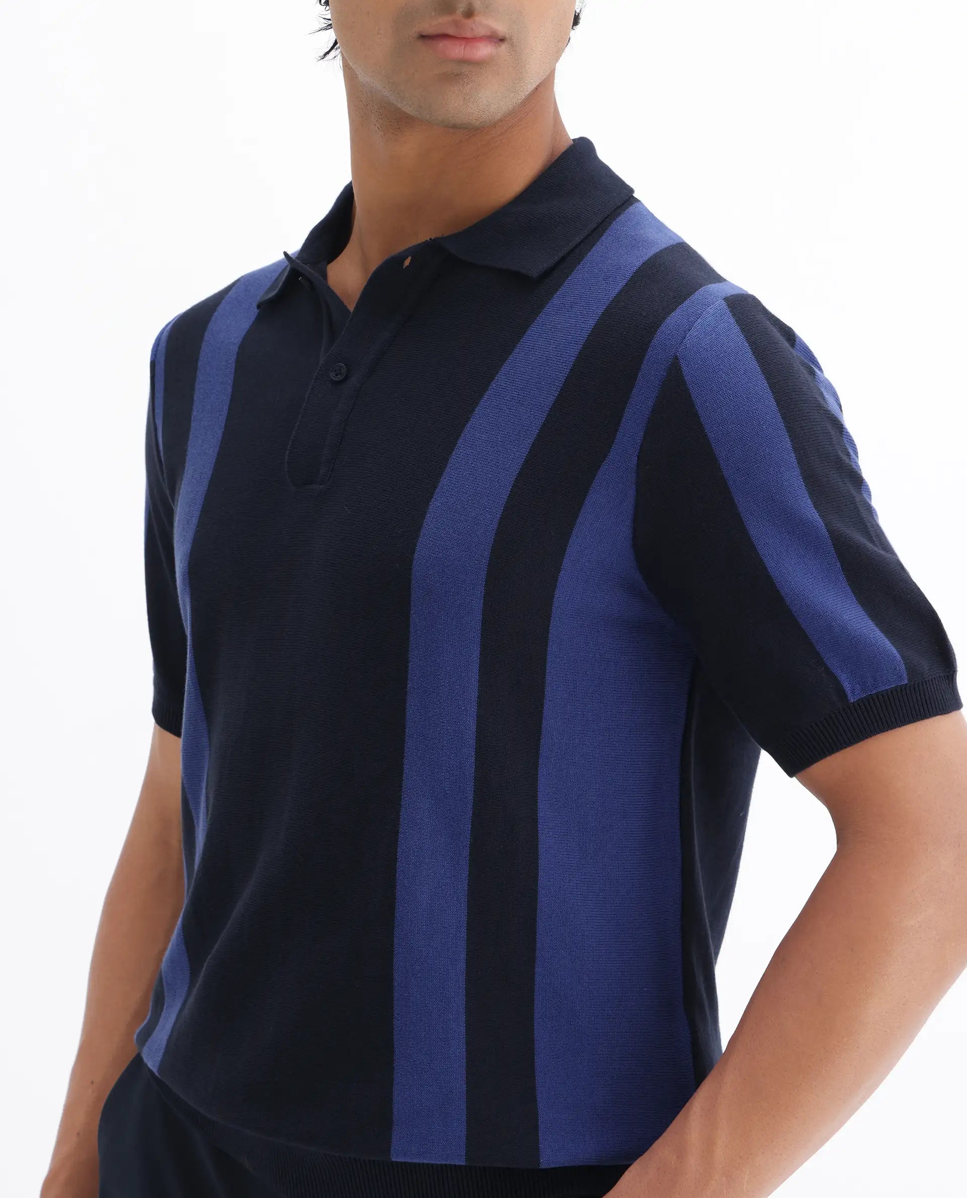 Rare Rabbit Men's Axton Navy Cotton Striped Print Regular Fit Half Sleeve Polo