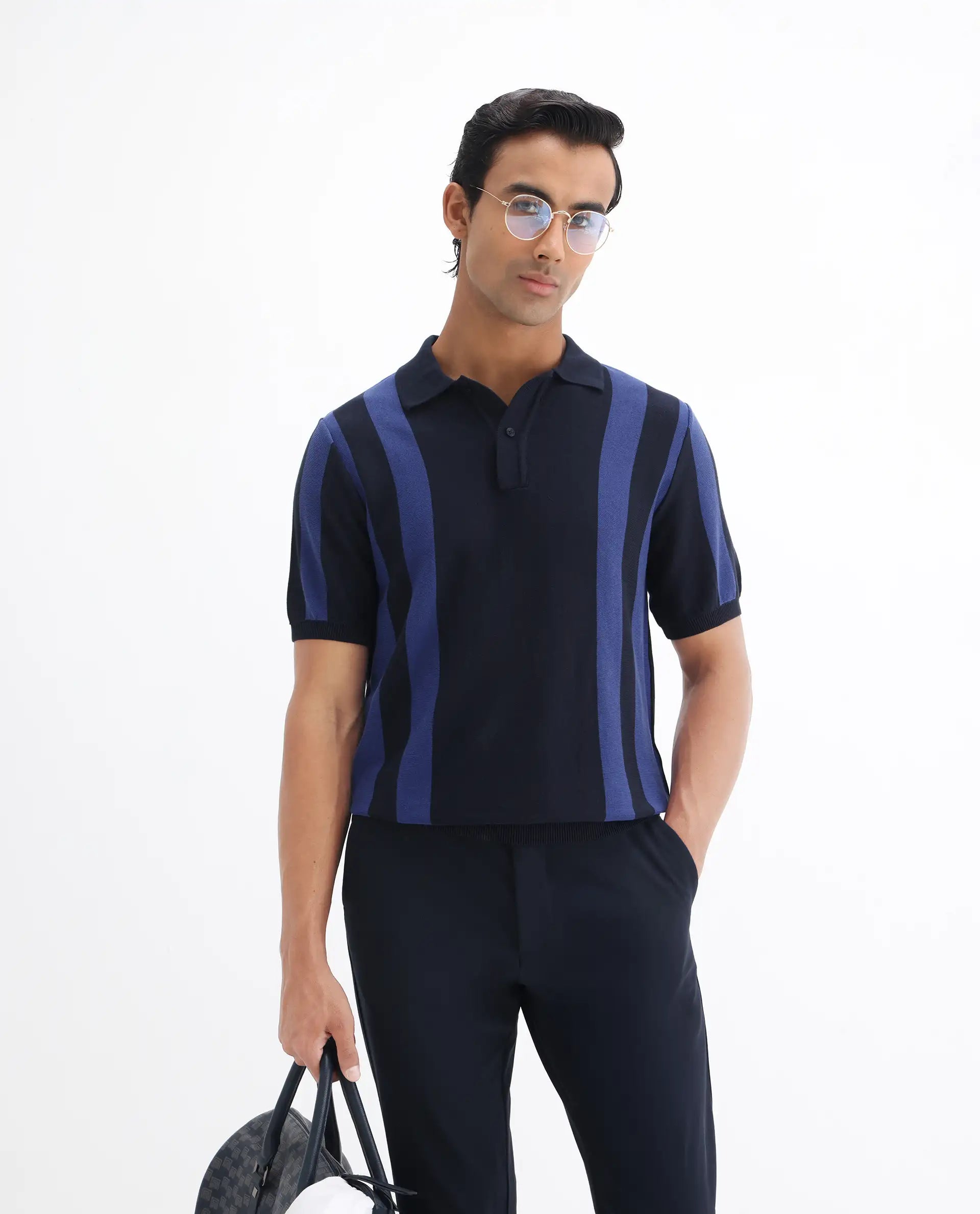 Rare Rabbit Men's Axton Navy Cotton Striped Print Regular Fit Half Sleeve Polo