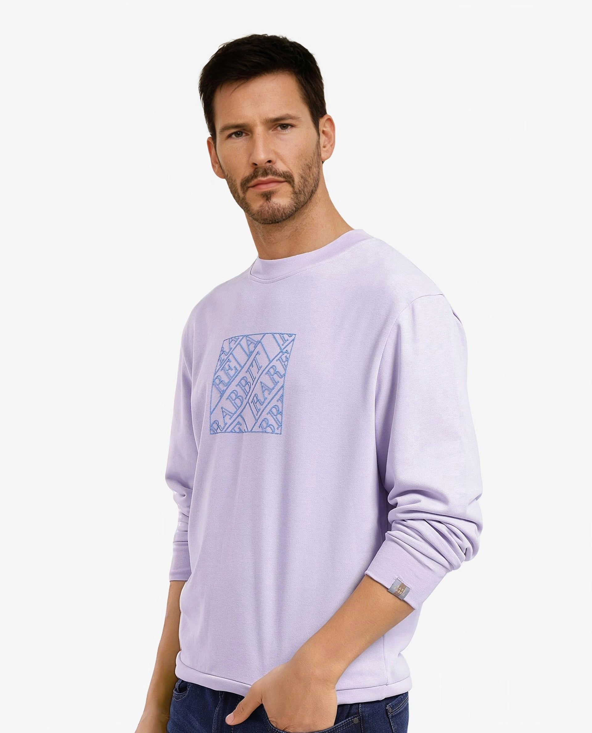 Rare Rabbit Men's Axton Pastel Purple Cotton Blend Fabric Full Sleeve Crew Neck Regular Fit HD Print Sweatshirt
