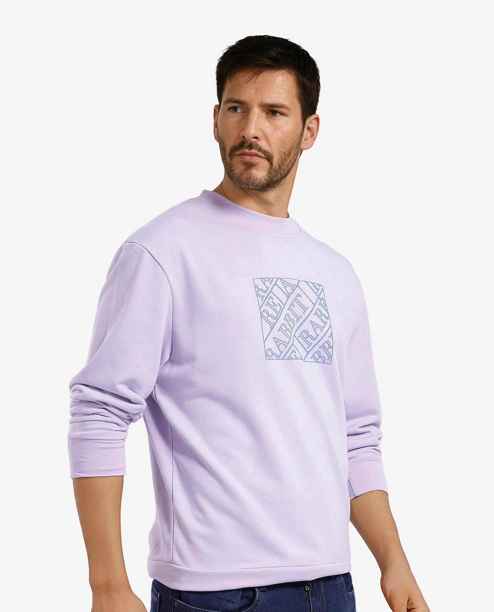 Rare Rabbit Men's Axton Pastel Purple Cotton Blend Fabric Full Sleeve Crew Neck Regular Fit HD Print Sweatshirt