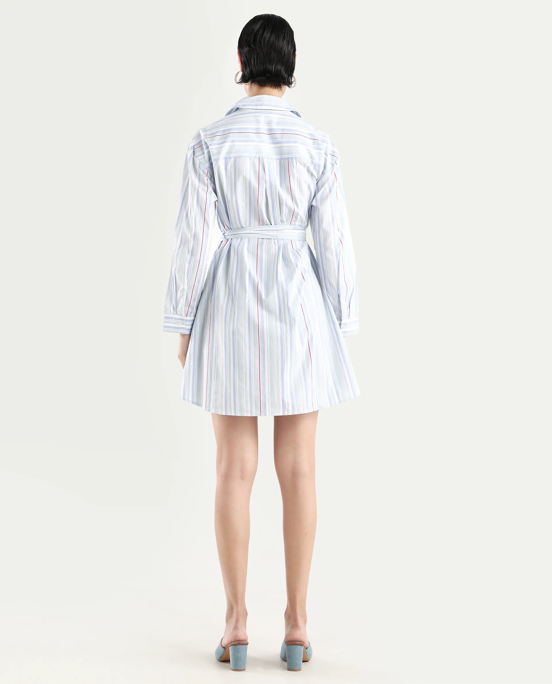 Rareism Women's Aydal Light Drop Collar Striped Cuffed Sleeve Mini Regular Fit Dress