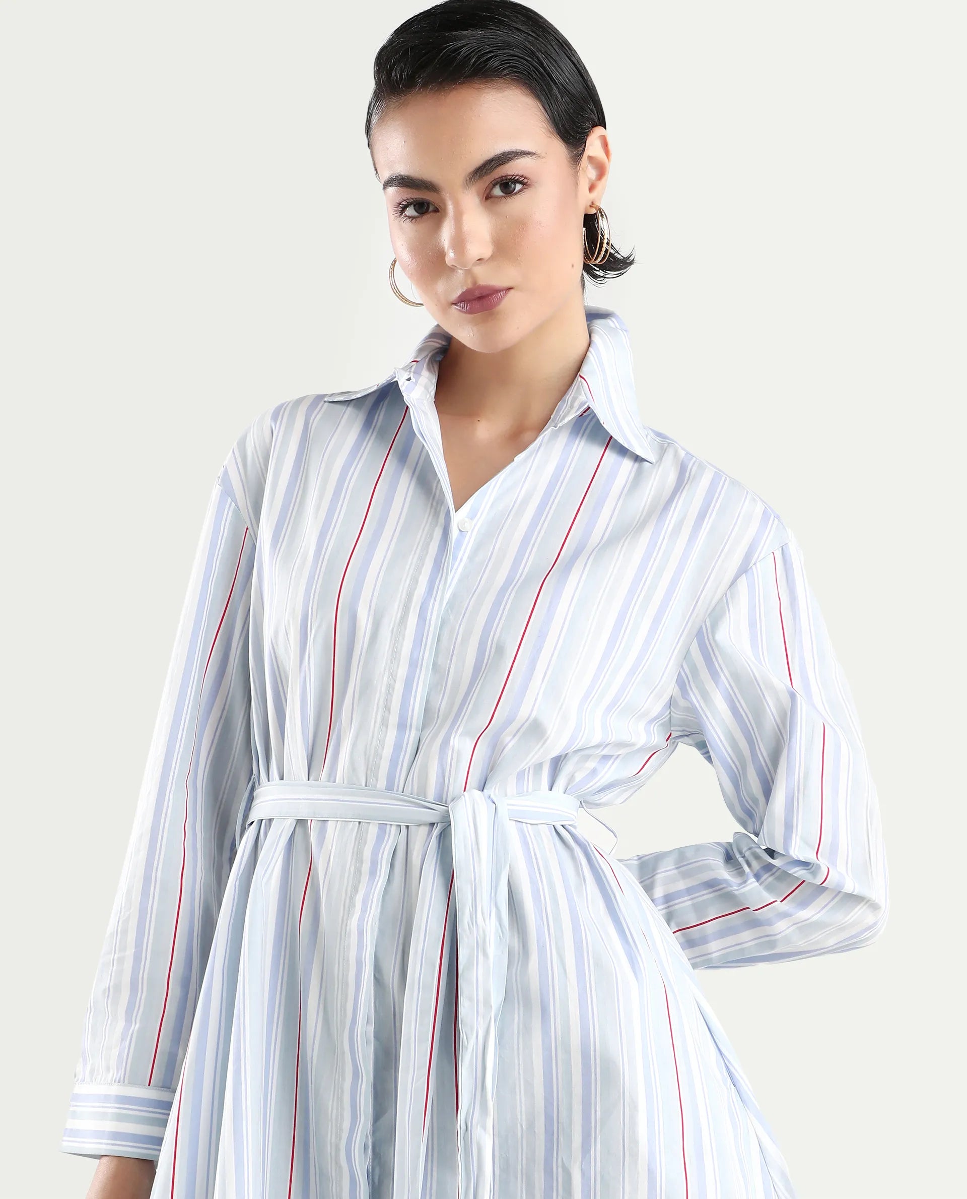 Rareism Women's Aydal Light Drop Collar Striped Cuffed Sleeve Mini Regular Fit Dress