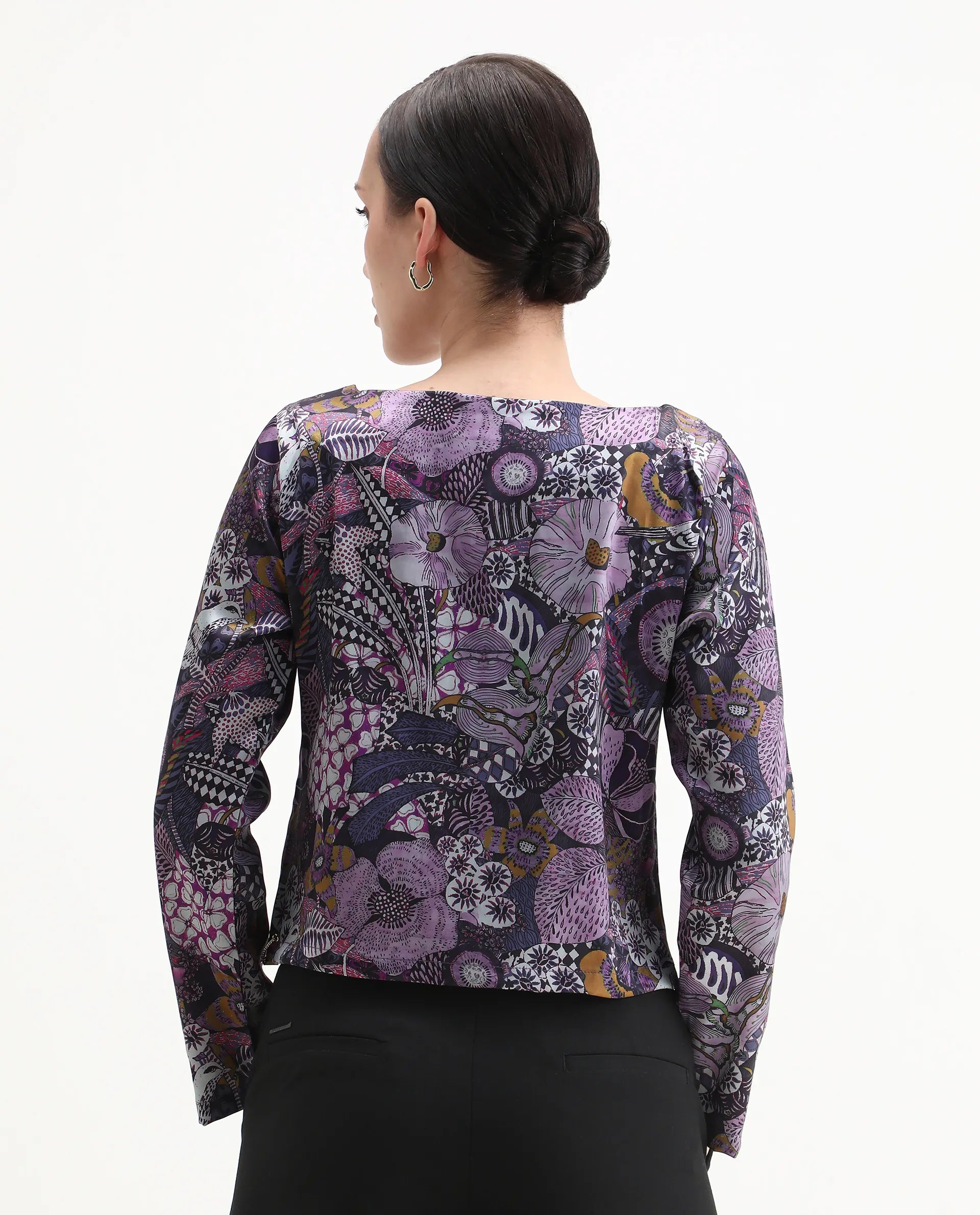 Rareism Women's Aydin Multi Satin Crew Neck Abstract Print Crop Regular Fit Top