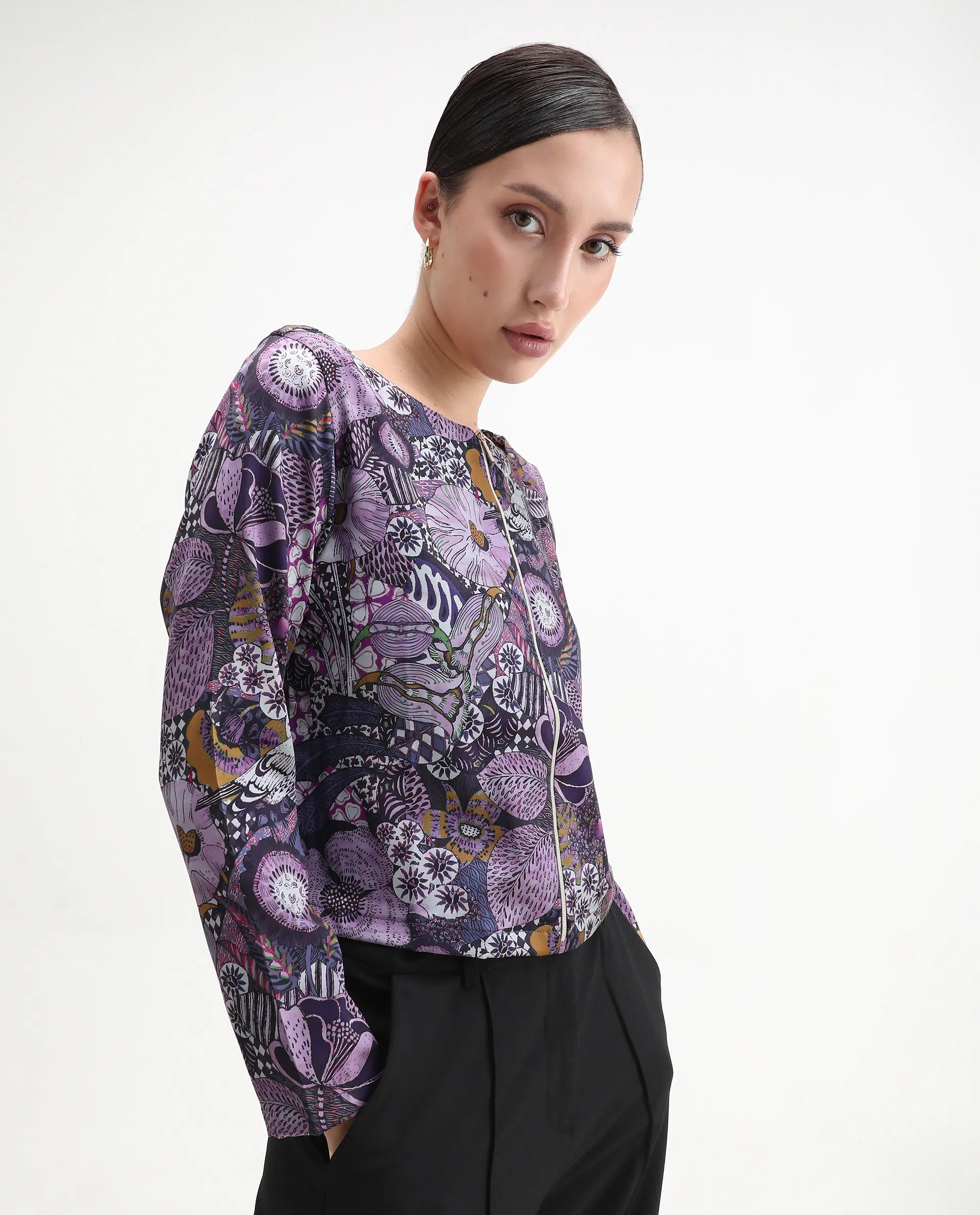 Rareism Women's Aydin Multi Satin Crew Neck Abstract Print Crop Regular Fit Top