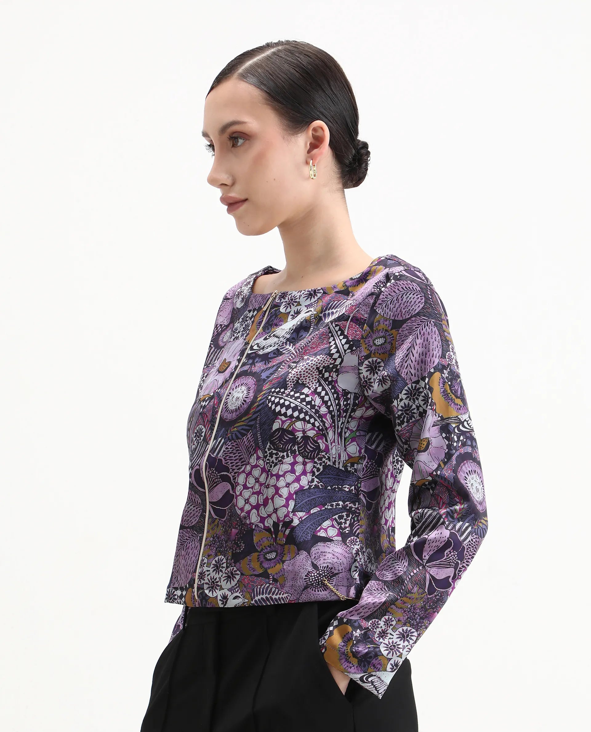 Rareism Women's Aydin Multi Satin Crew Neck Abstract Print Crop Regular Fit Top