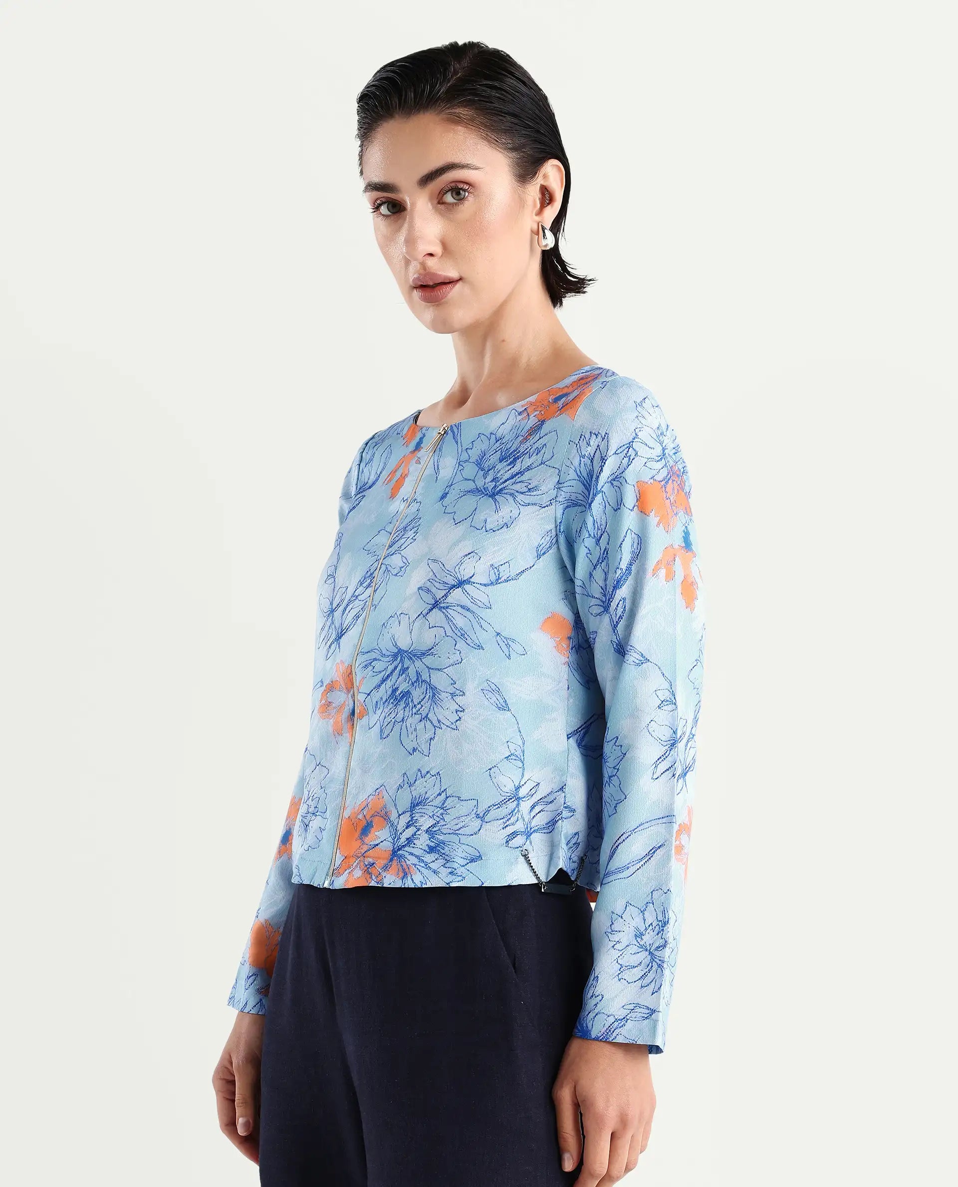 Rareism Women's Aydins Light Multi Satin Crew Neck Floral Print Crop Regular Fit Top