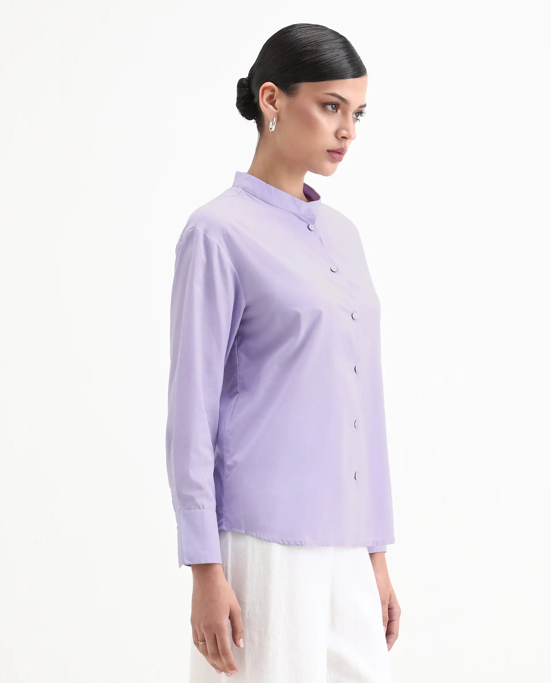 Rareism Women's Aytac Light Purple Cotton Mandarin Collar Plain Cuffed Sleeve Regular Fit Top