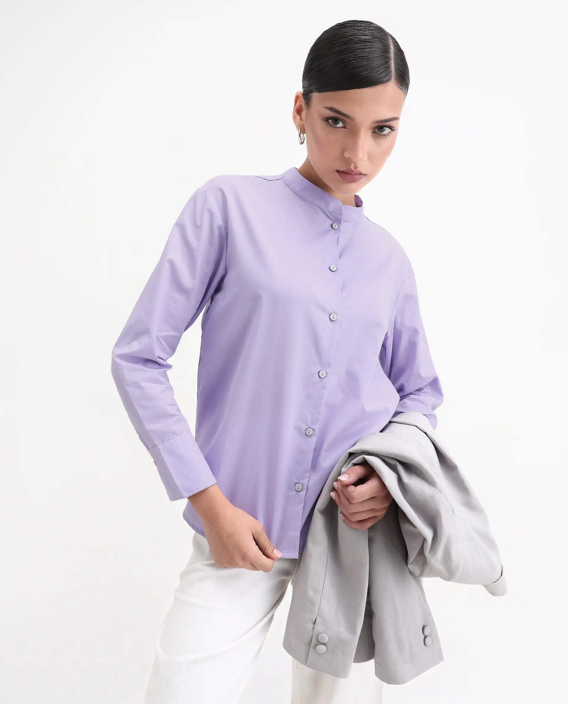 Rareism Women's Aytac Light Purple Cotton Mandarin Collar Plain Cuffed Sleeve Regular Fit Top