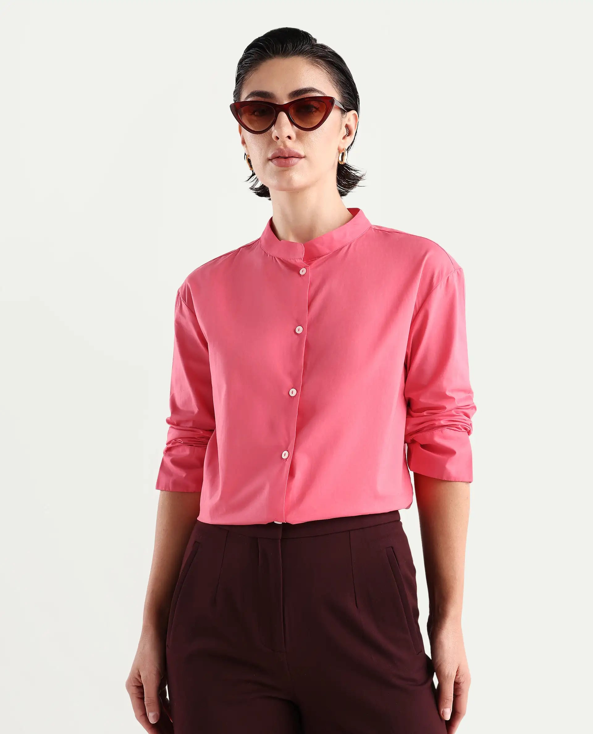 Rareism Women's Aytac Light Pink Mandarin Collar Plain Cuffed Sleeve Regular Fit Top