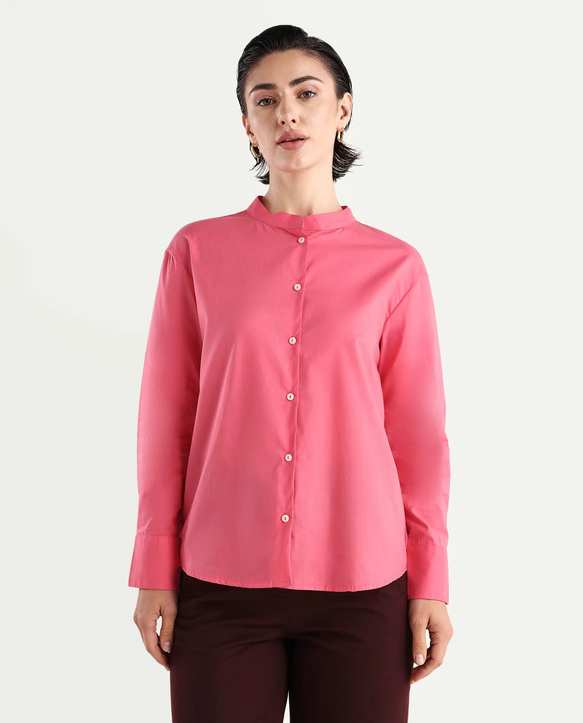 Rareism Women's Aytac Light Pink Mandarin Collar Plain Cuffed Sleeve Regular Fit Top