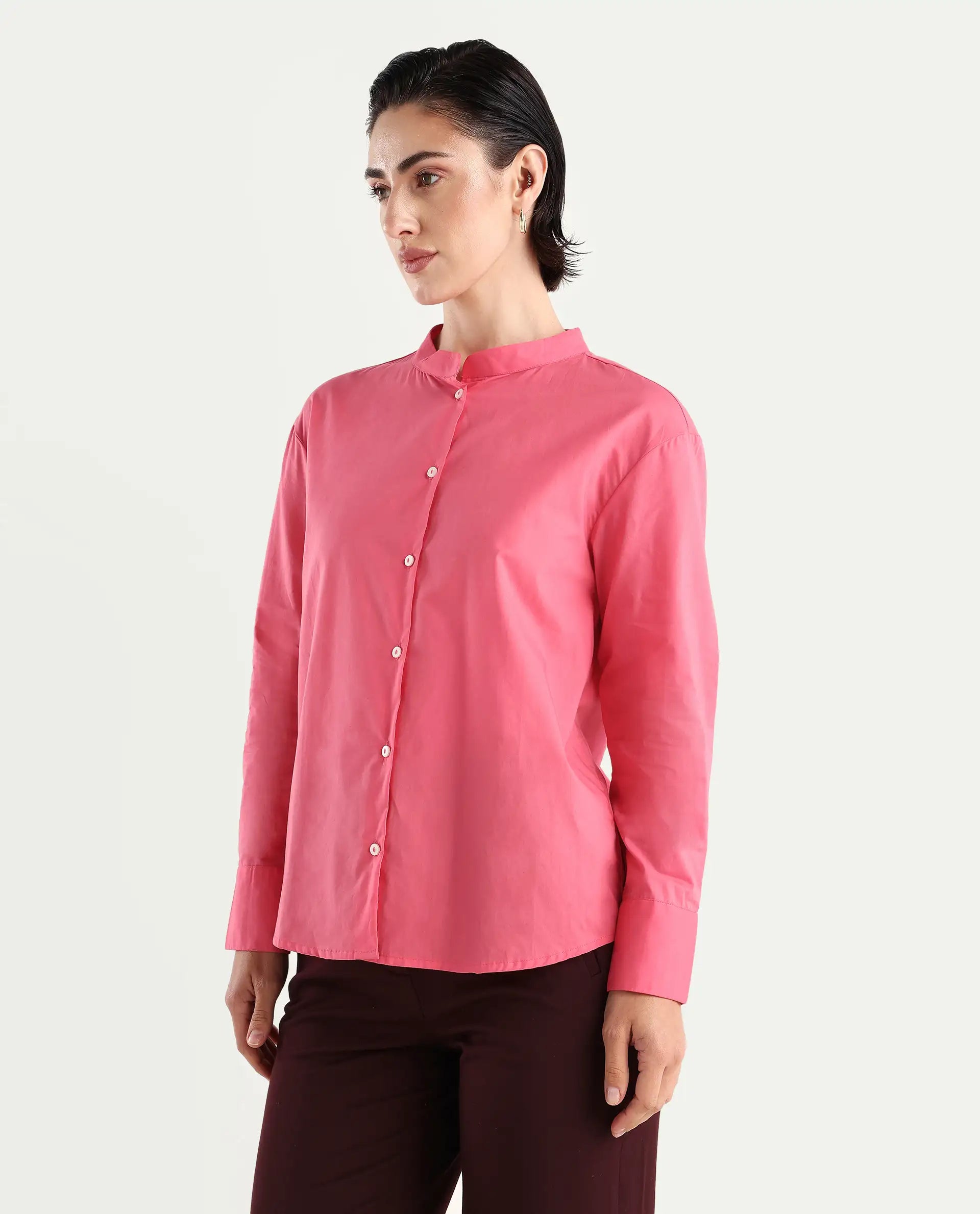 Rareism Women's Aytac Light Pink Mandarin Collar Plain Cuffed Sleeve Regular Fit Top