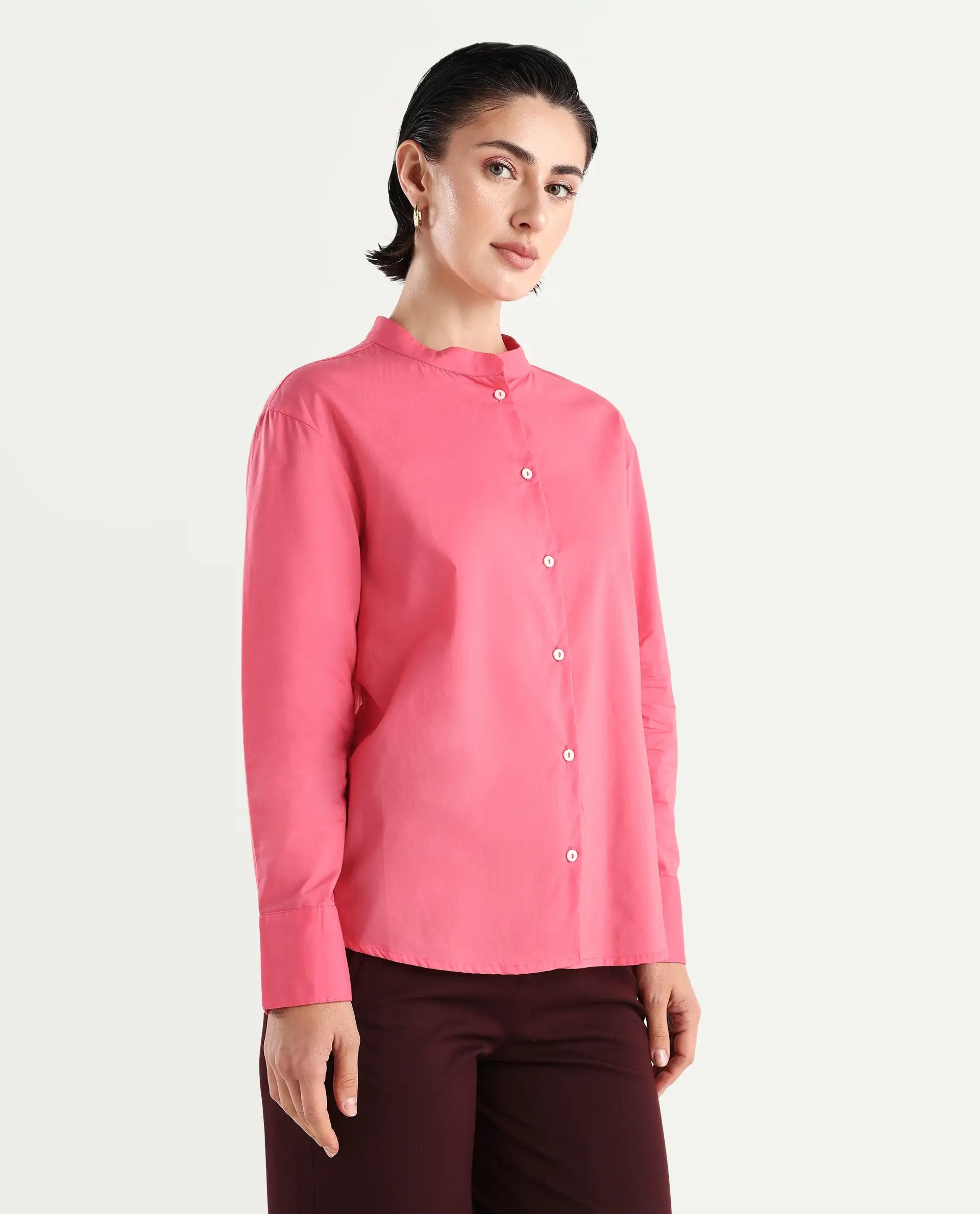 Rareism Women's Aytac Light Pink Mandarin Collar Plain Cuffed Sleeve Regular Fit Top