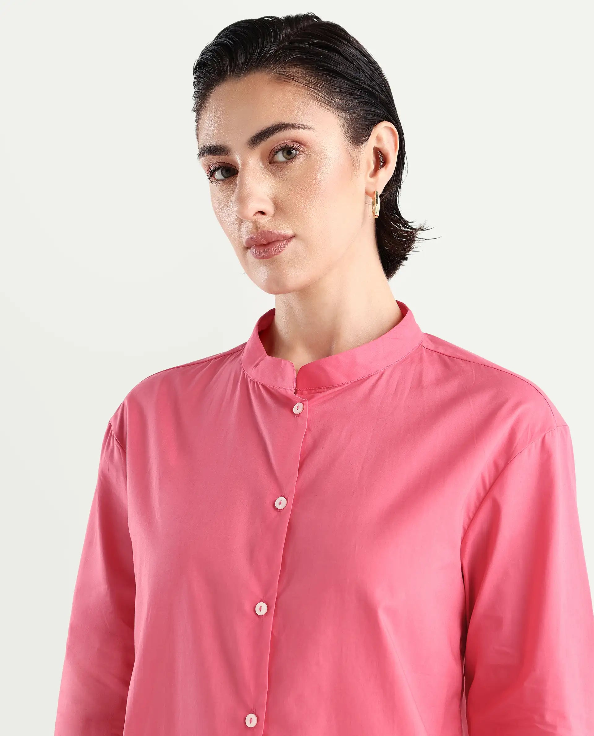 Rareism Women's Aytac Light Pink Mandarin Collar Plain Cuffed Sleeve Regular Fit Top