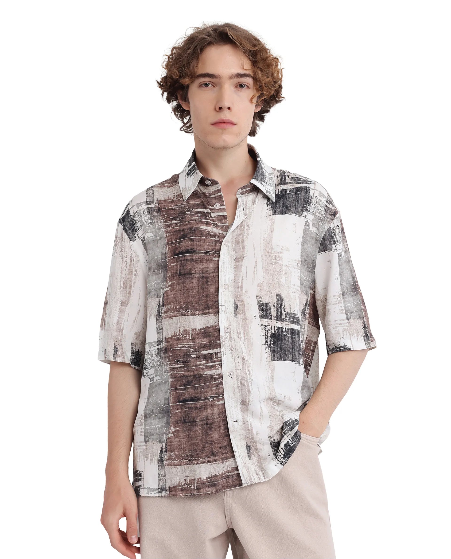 Rare Rabbit Men's Azah Dusky Beige Viscose Fabric Short Sleeve Button Closure Abstract Printed Shirt