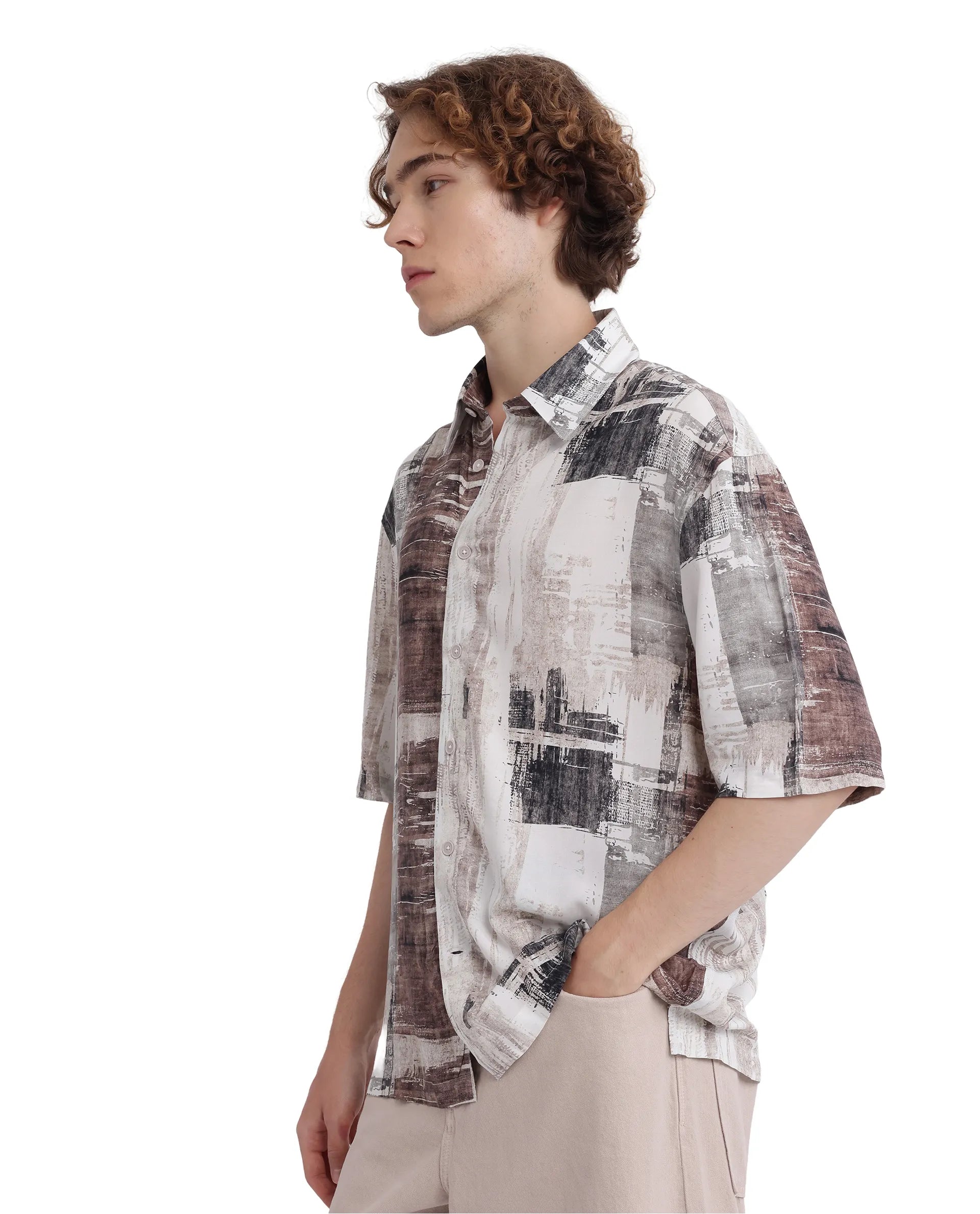 Rare Rabbit Men's Azah Dusky Beige Viscose Fabric Short Sleeve Button Closure Abstract Printed Shirt