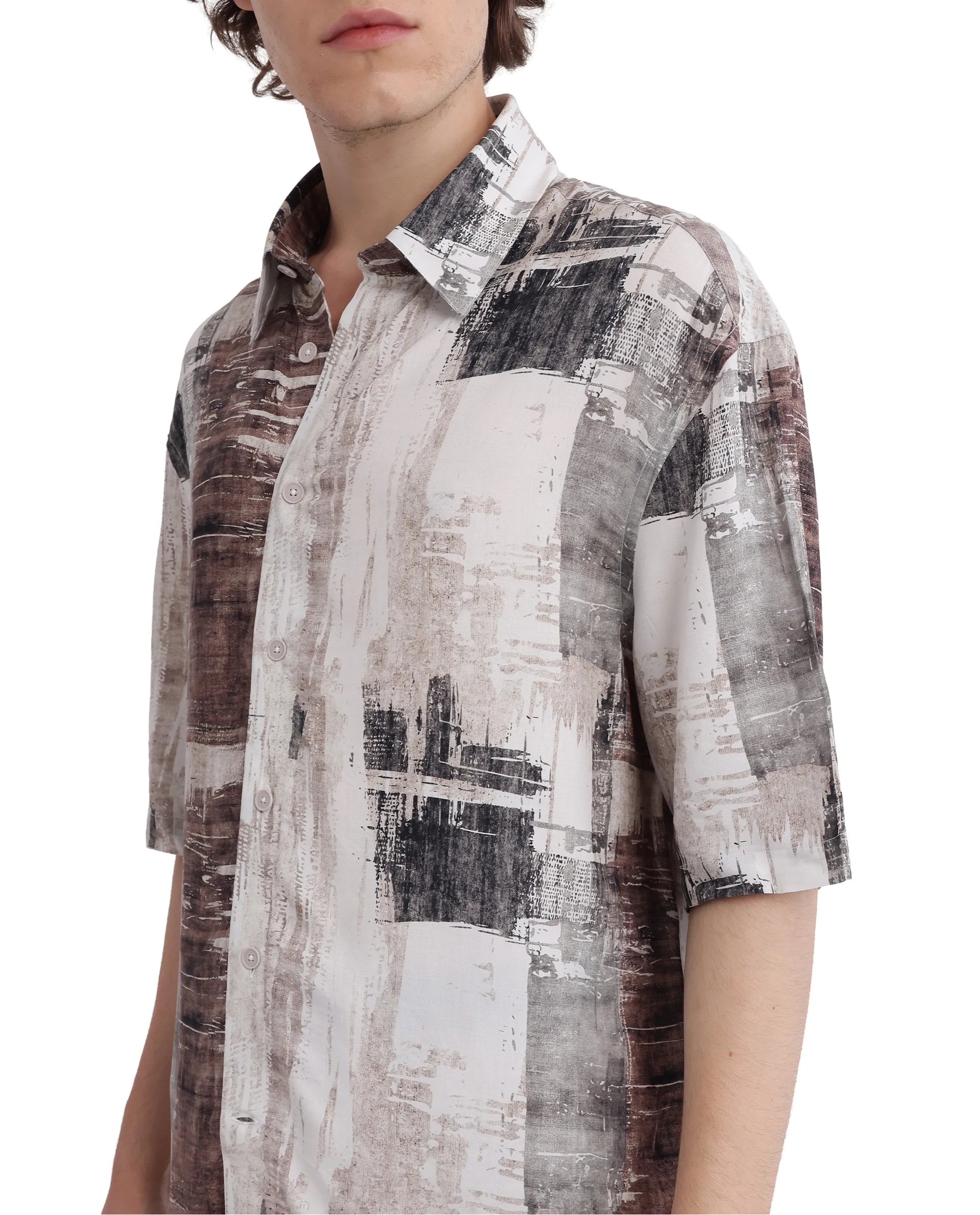 Rare Rabbit Men's Azah Dusky Beige Viscose Fabric Short Sleeve Button Closure Abstract Printed Shirt