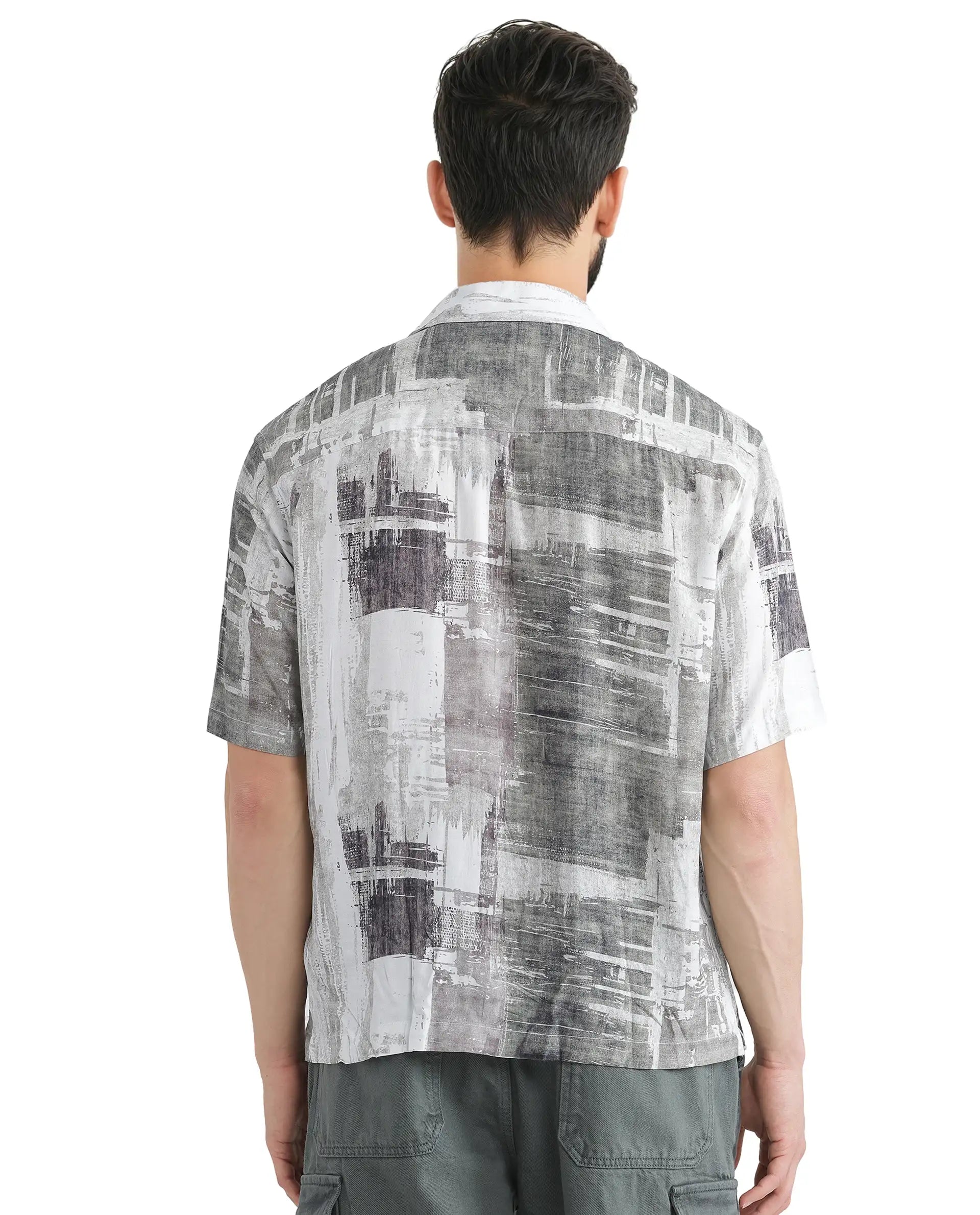 Rare Rabbit Men's Azah Dusky Green Viscose Fabric Short Sleeve Button Closure Abstract Printed Shirt