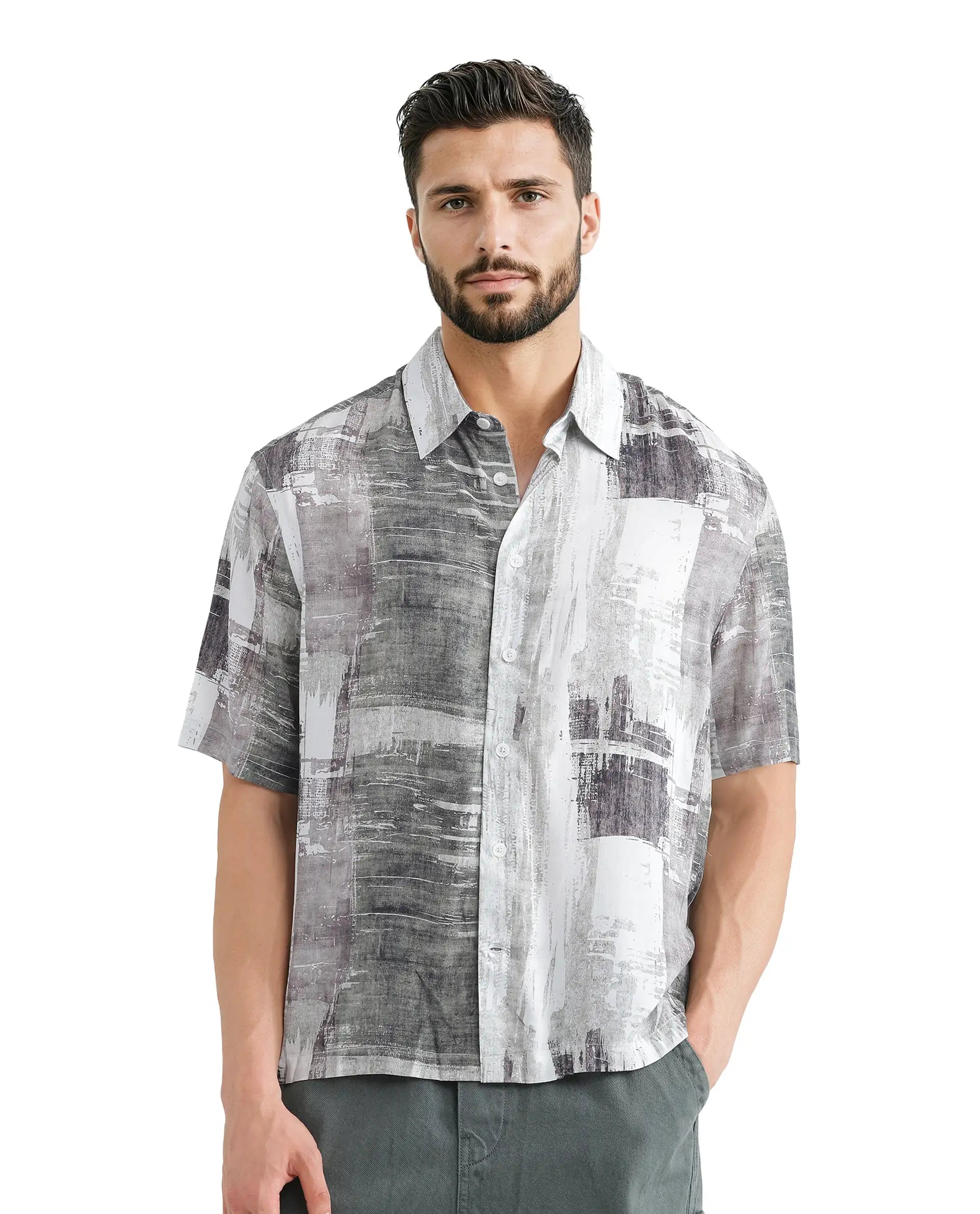 Rare Rabbit Men's Azah Dusky Green Viscose Fabric Short Sleeve Button Closure Abstract Printed Shirt