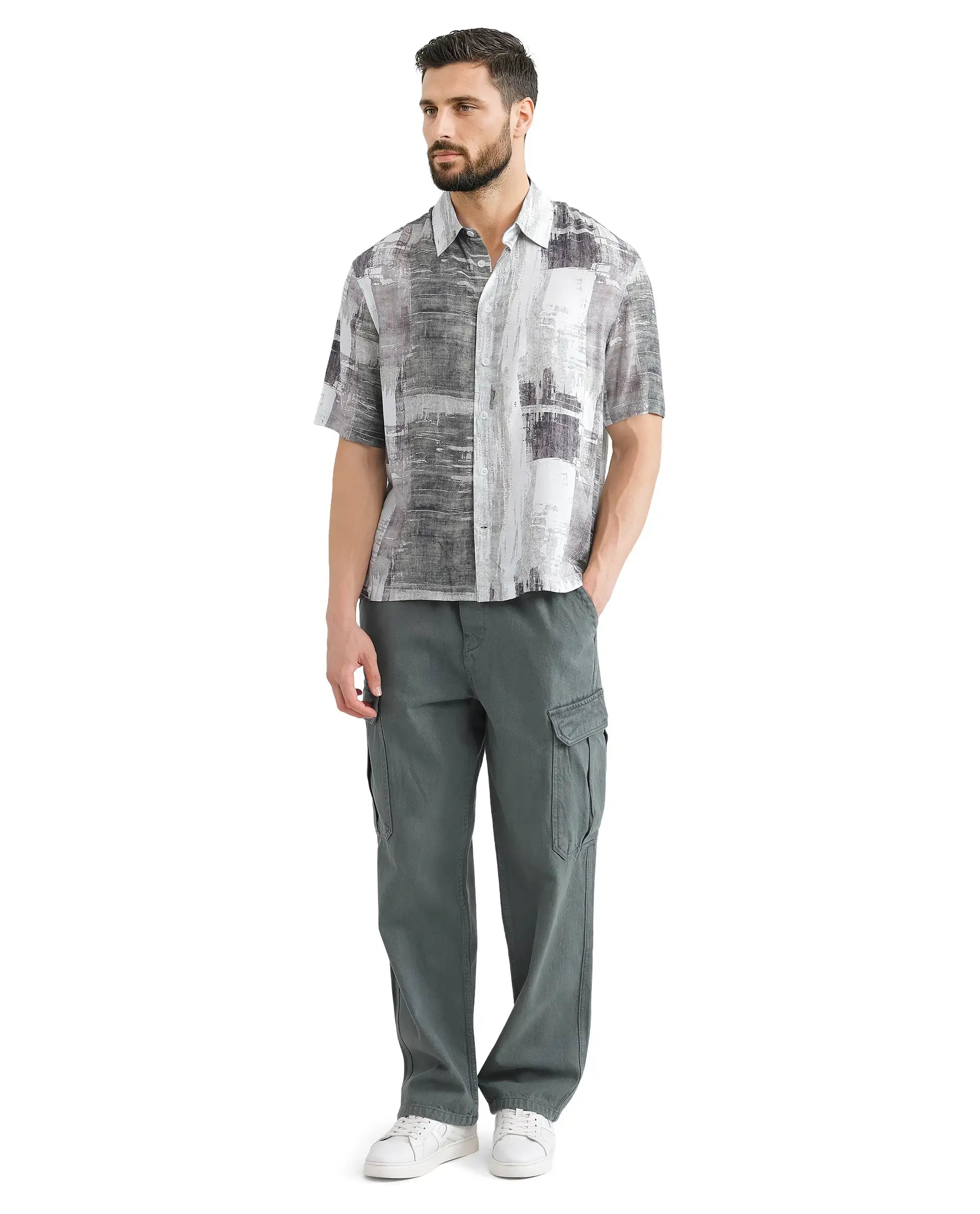 Rare Rabbit Men's Azah Dusky Green Viscose Fabric Short Sleeve Button Closure Abstract Printed Shirt