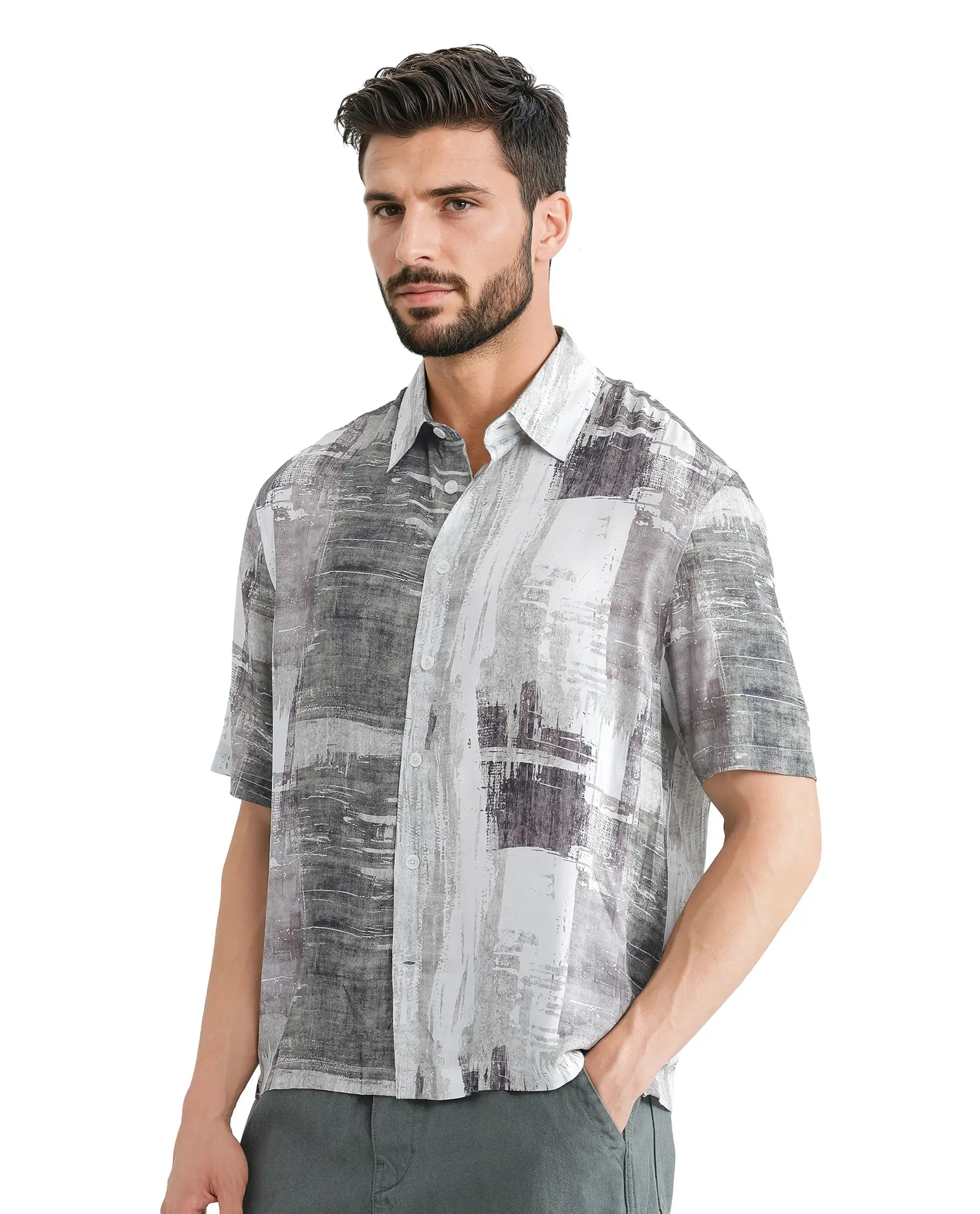 Rare Rabbit Men's Azah Dusky Green Viscose Fabric Short Sleeve Button Closure Abstract Printed Shirt