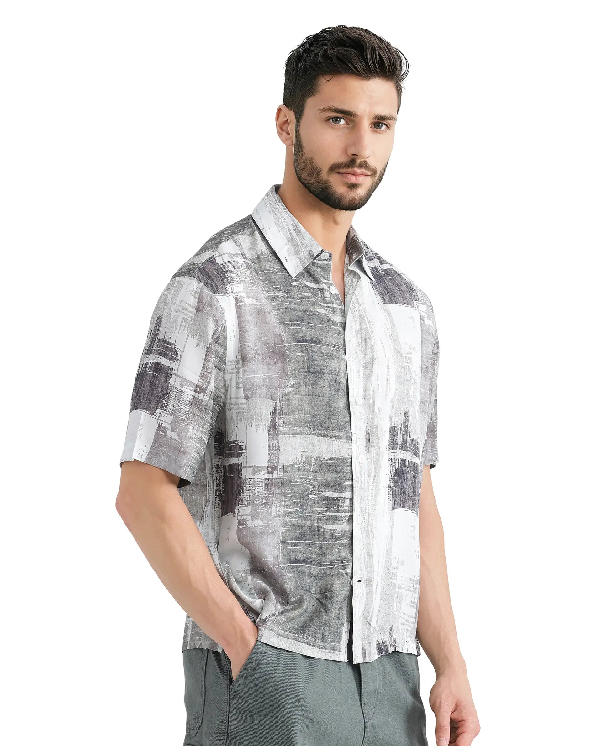 Rare Rabbit Men's Azah Dusky Green Viscose Fabric Short Sleeve Button Closure Abstract Printed Shirt
