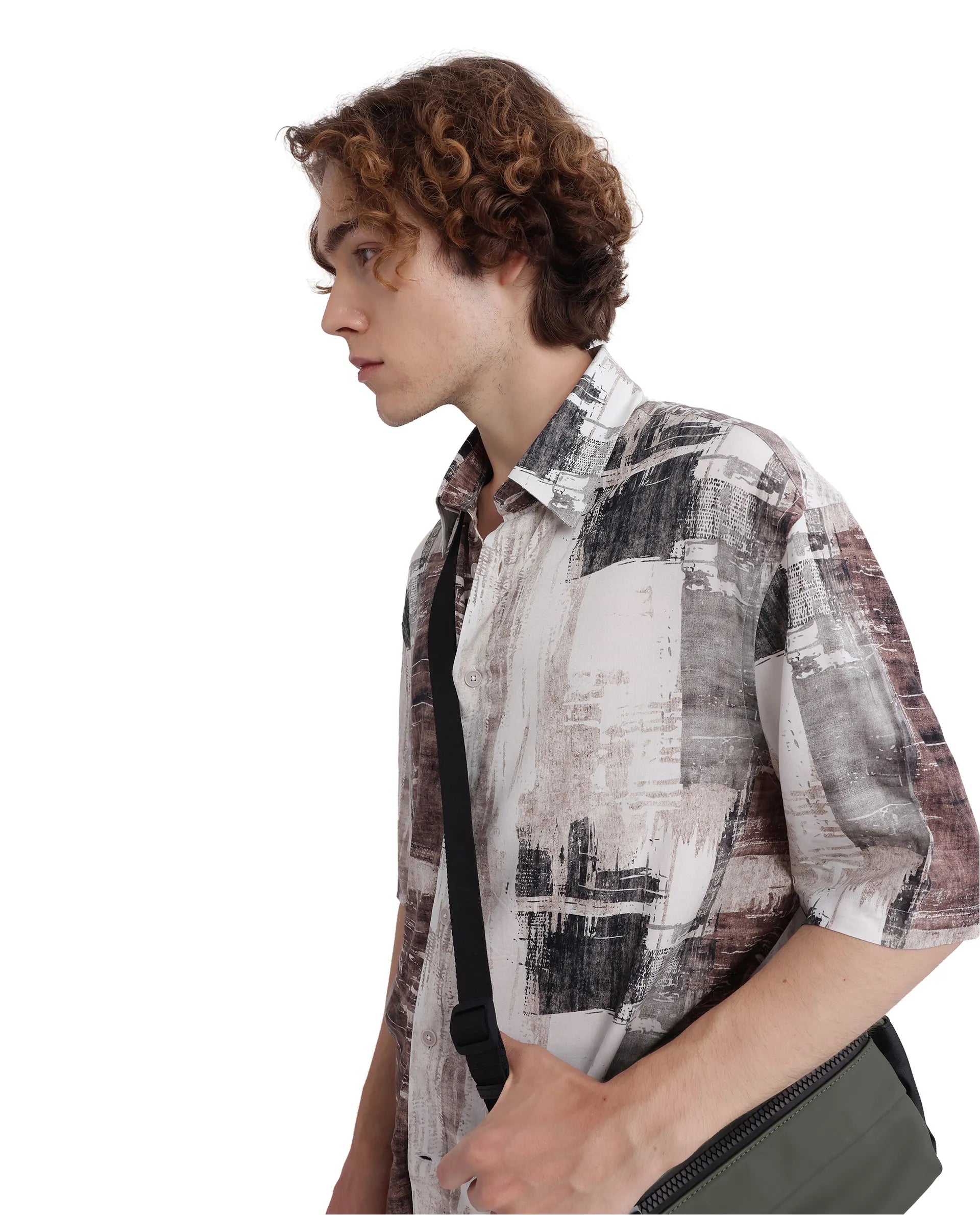 Rare Rabbit Men's Azah Dusky Beige Viscose Fabric Short Sleeve Button Closure Abstract Printed Shirt