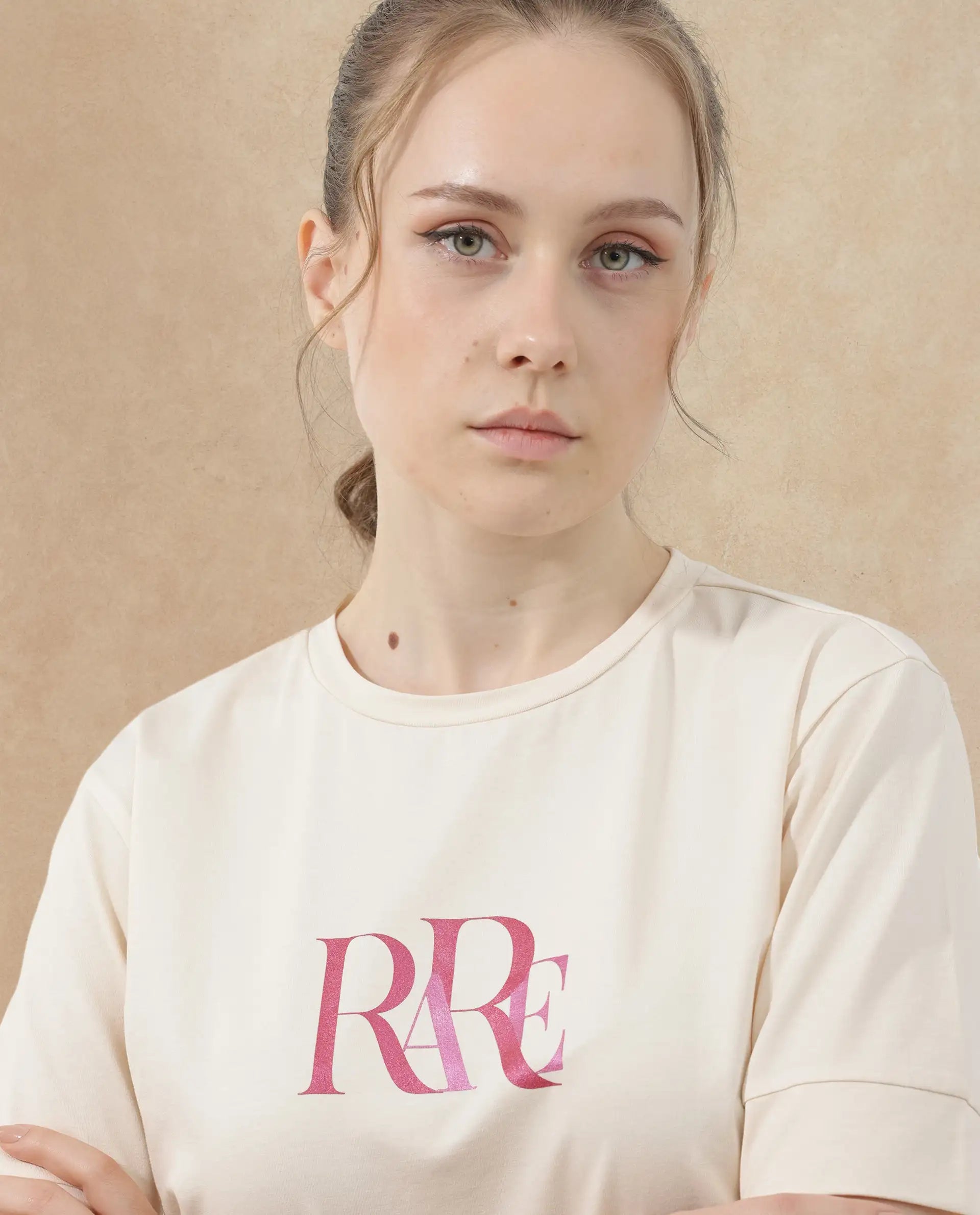 Rareism Women Azel Light Beige Cotton Elastane Fabric Crew Neck Knit Solid T-Shirt