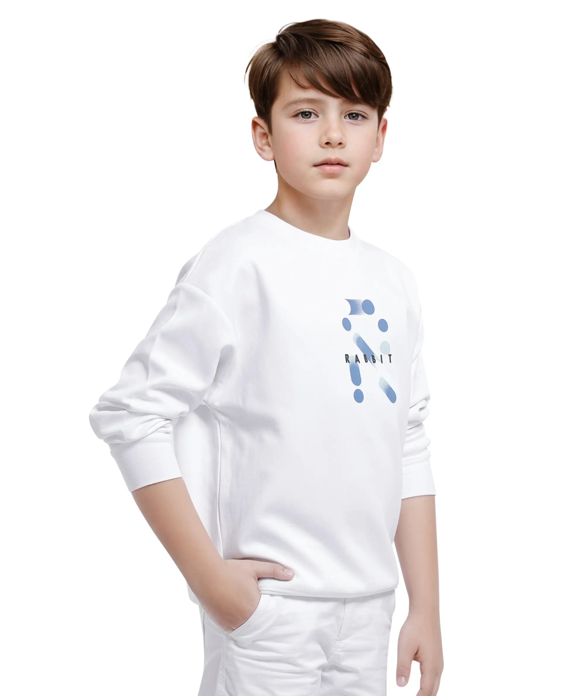 Rare Ones Kids Azen White Cotton Full Sleeve Crew Neck Discharge With HD Logo Print Sweatshirt