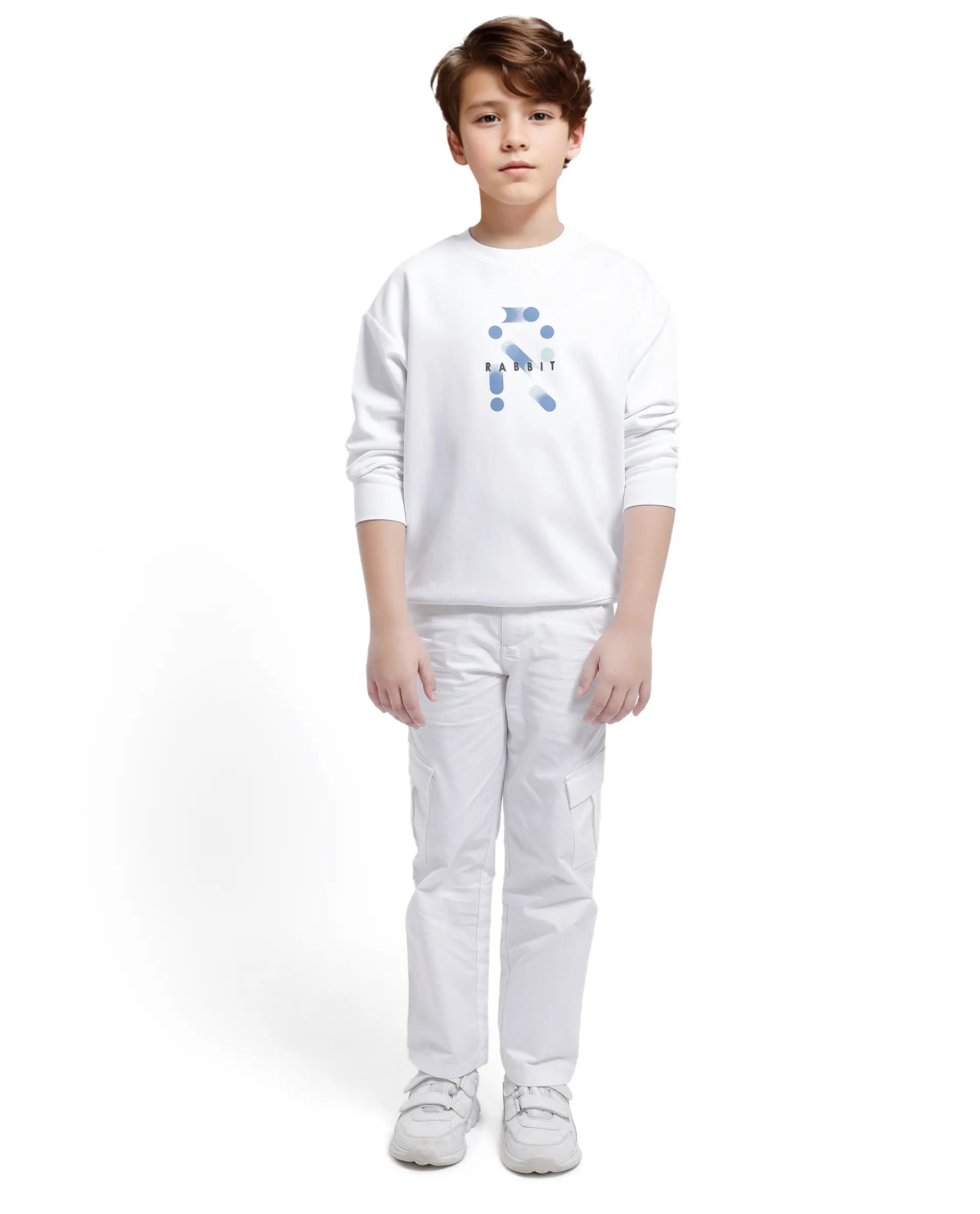 Rare Ones Kids Azen White Cotton Full Sleeve Crew Neck Discharge With HD Logo Print Sweatshirt