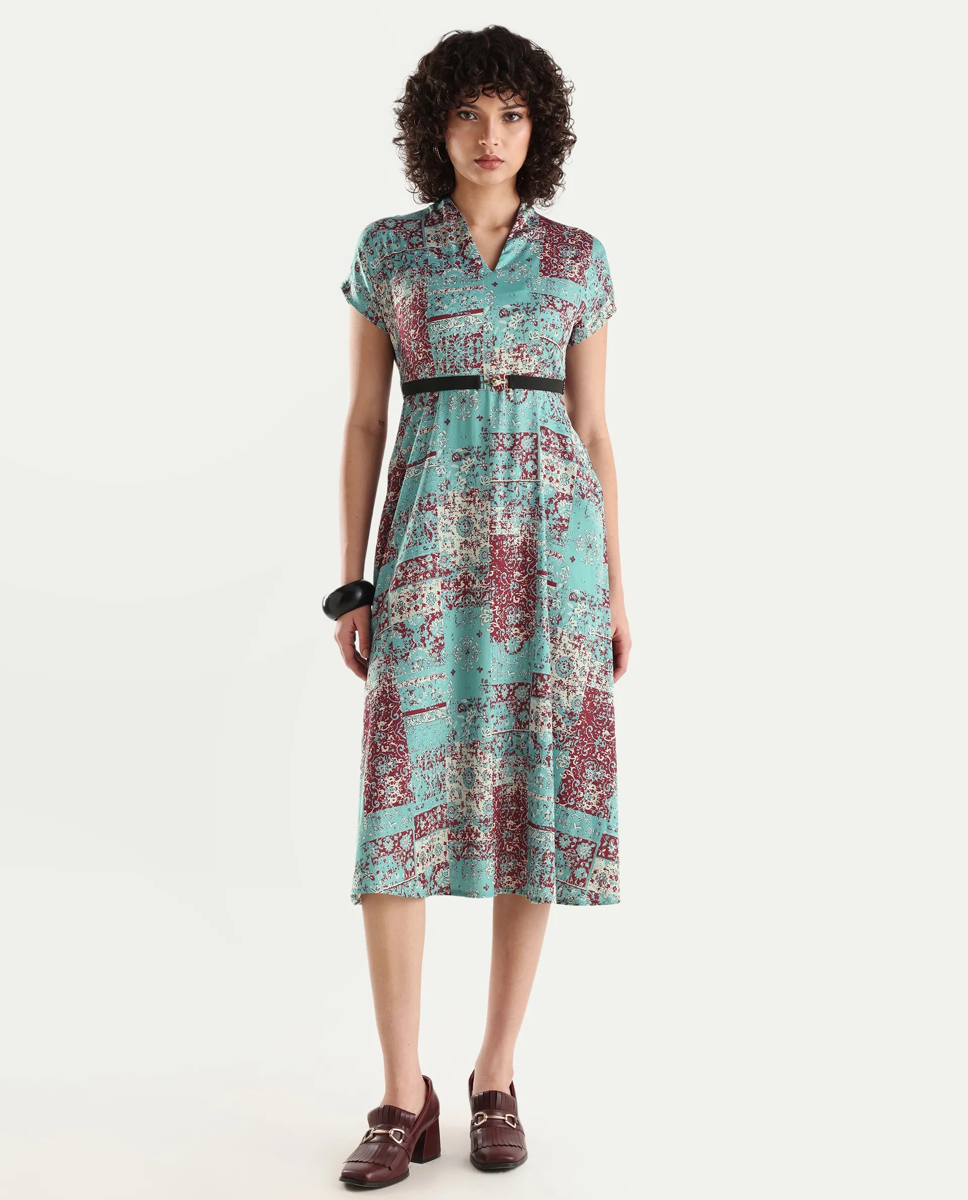 Rareism Women's Azerb Light Multi Satin V-Neck Bandana Print Extended Sleeves Midi A-Line Dress