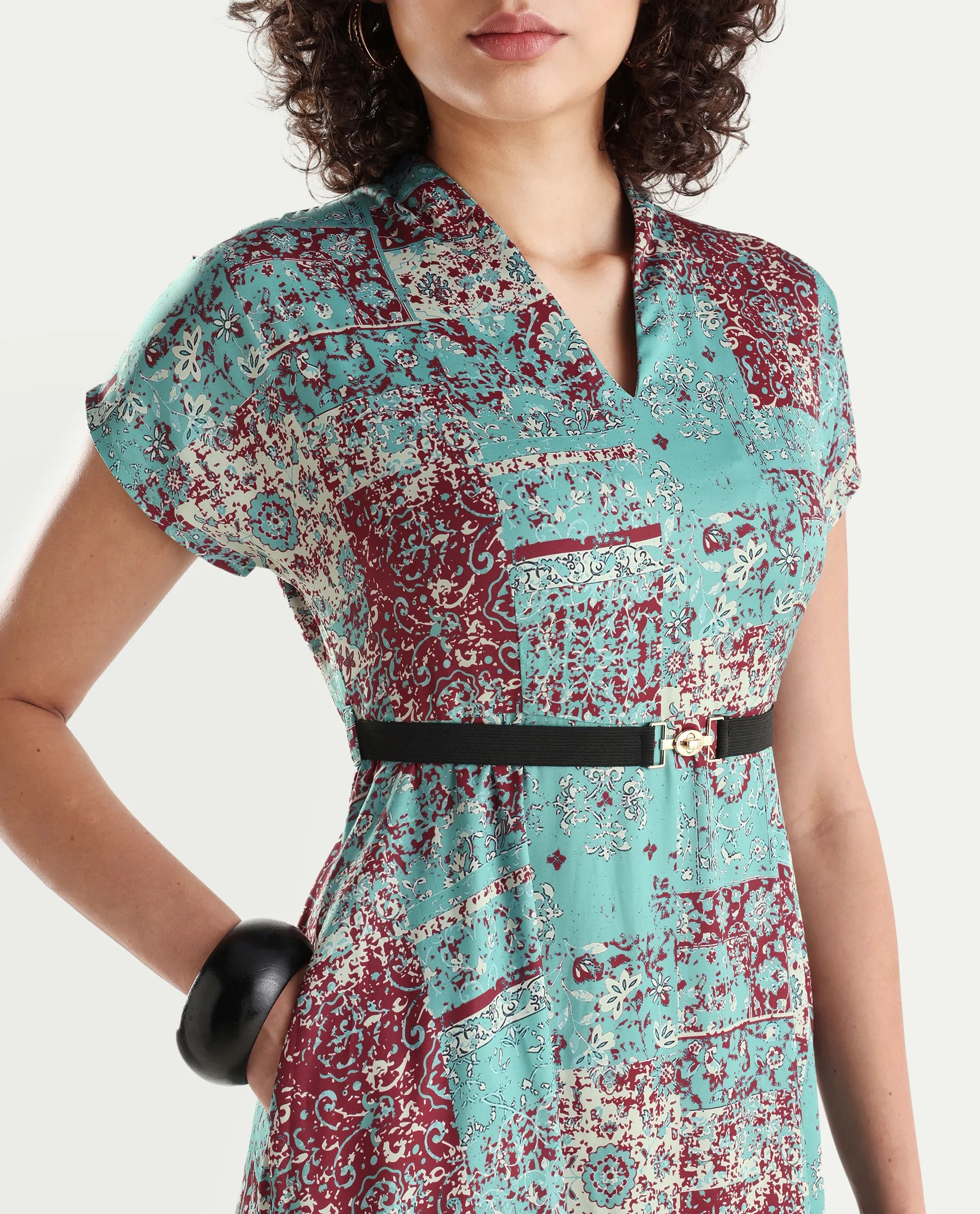 Rareism Women's Azerb Light Multi Satin V-Neck Bandana Print Extended Sleeves Midi A-Line Dress