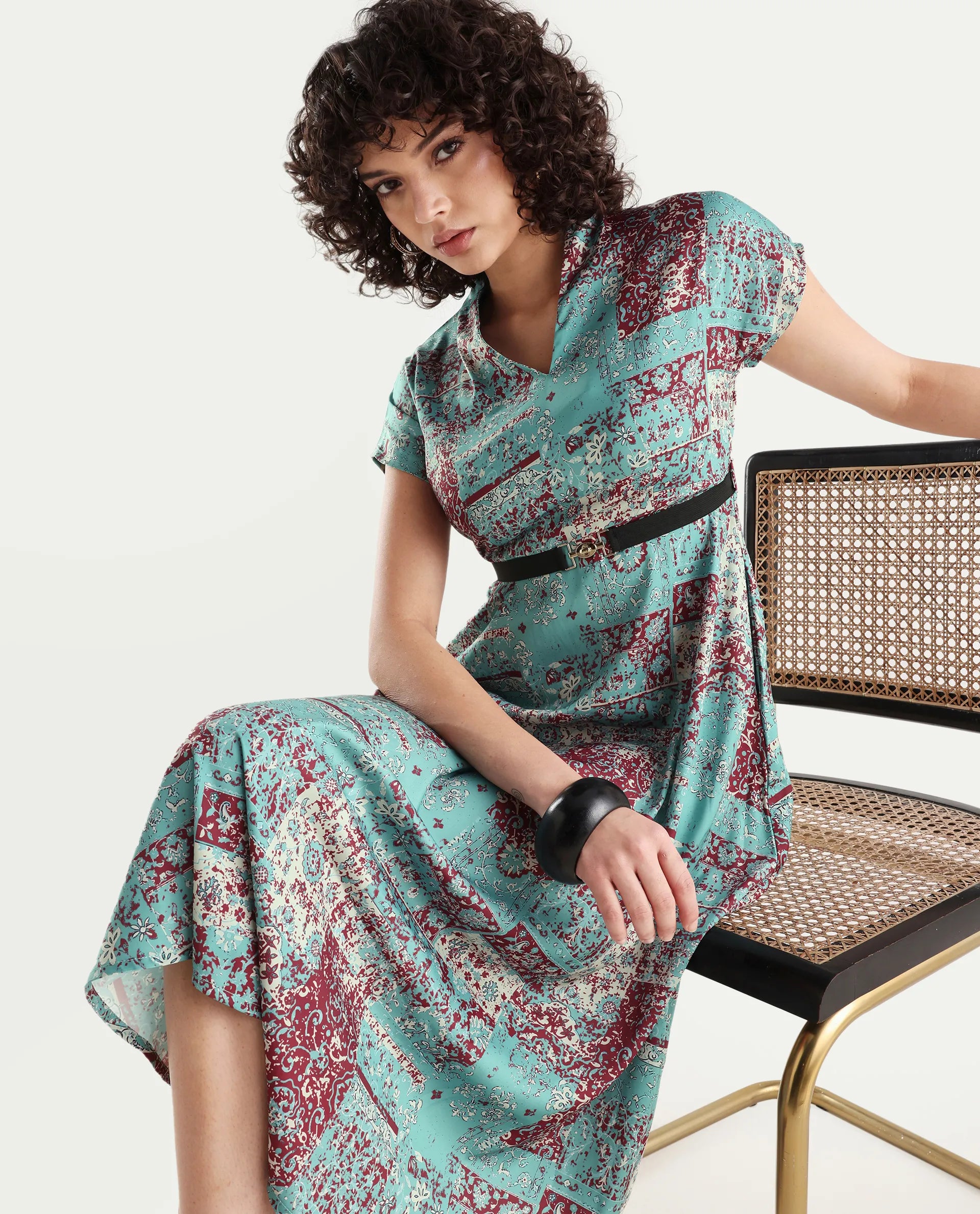 Rareism Women's Azerb Light Multi Satin V-Neck Bandana Print Extended Sleeves Midi A-Line Dress