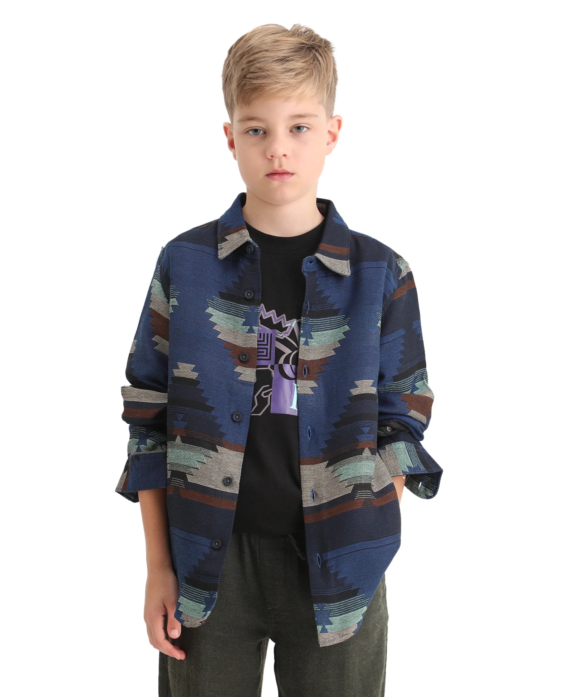 Rare Ones Kids Azlo-K Blue Cotton Blend Button Closure Spread Collar Jacquard Full Sleeves Oversized Fit Shirt