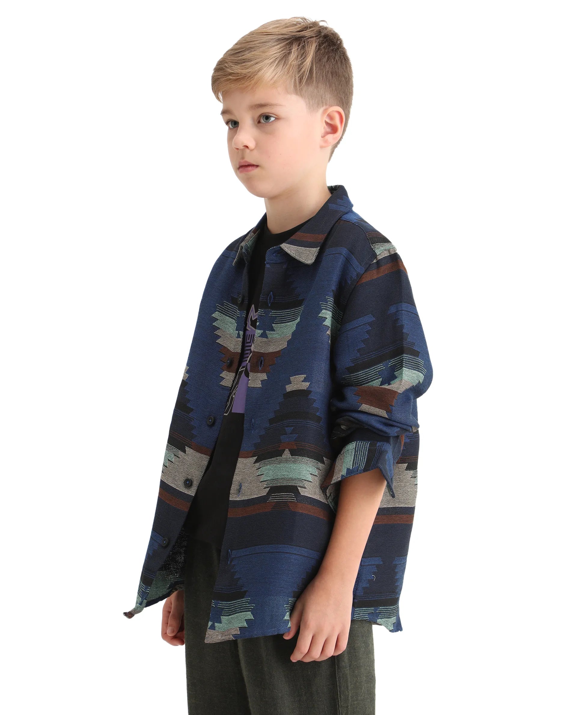 Rare Ones Kids Azlo-K Blue Cotton Blend Button Closure Spread Collar Jacquard Full Sleeves Oversized Fit Shirt