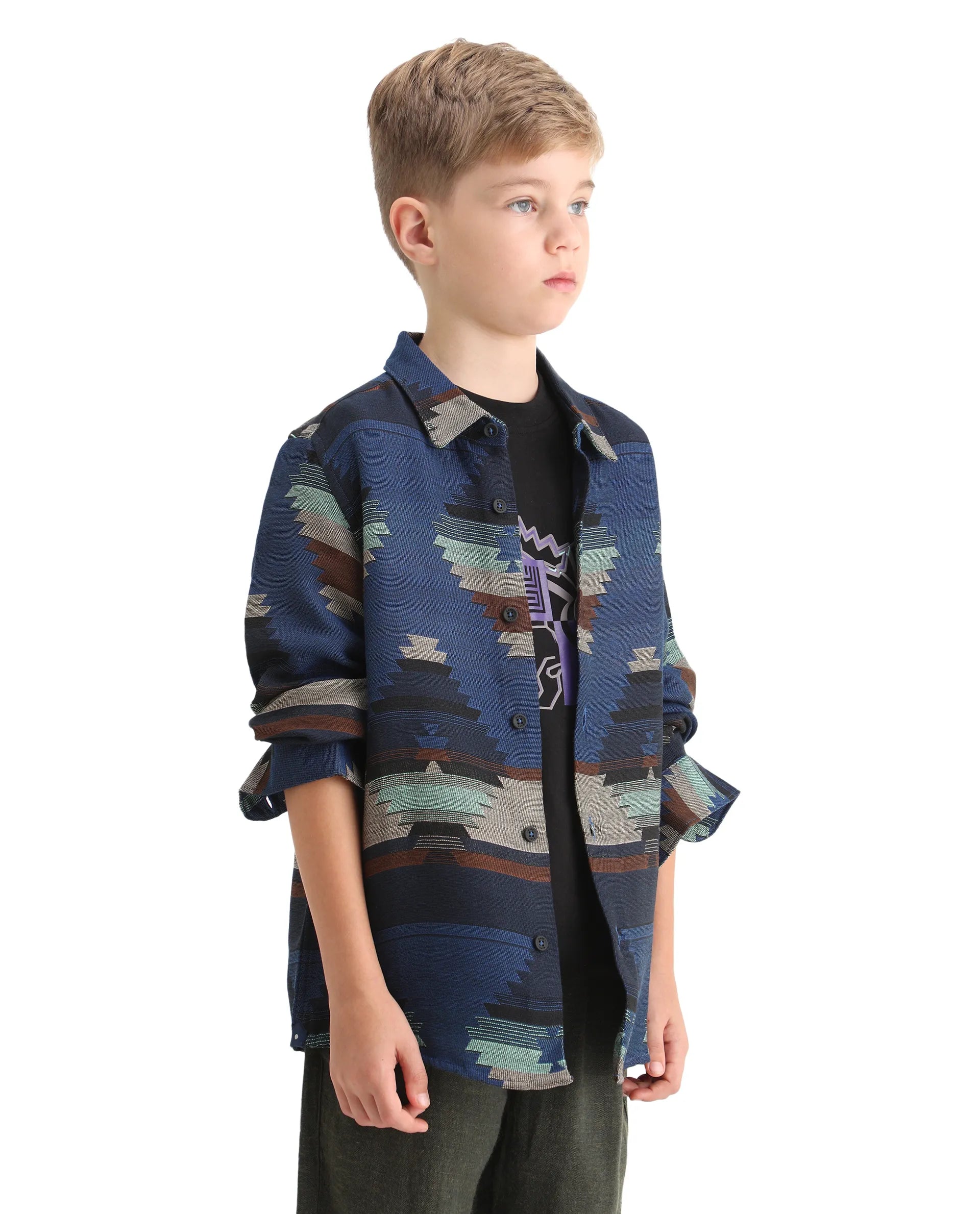 Rare Ones Kids Azlo-K Blue Cotton Blend Button Closure Spread Collar Jacquard Full Sleeves Oversized Fit Shirt