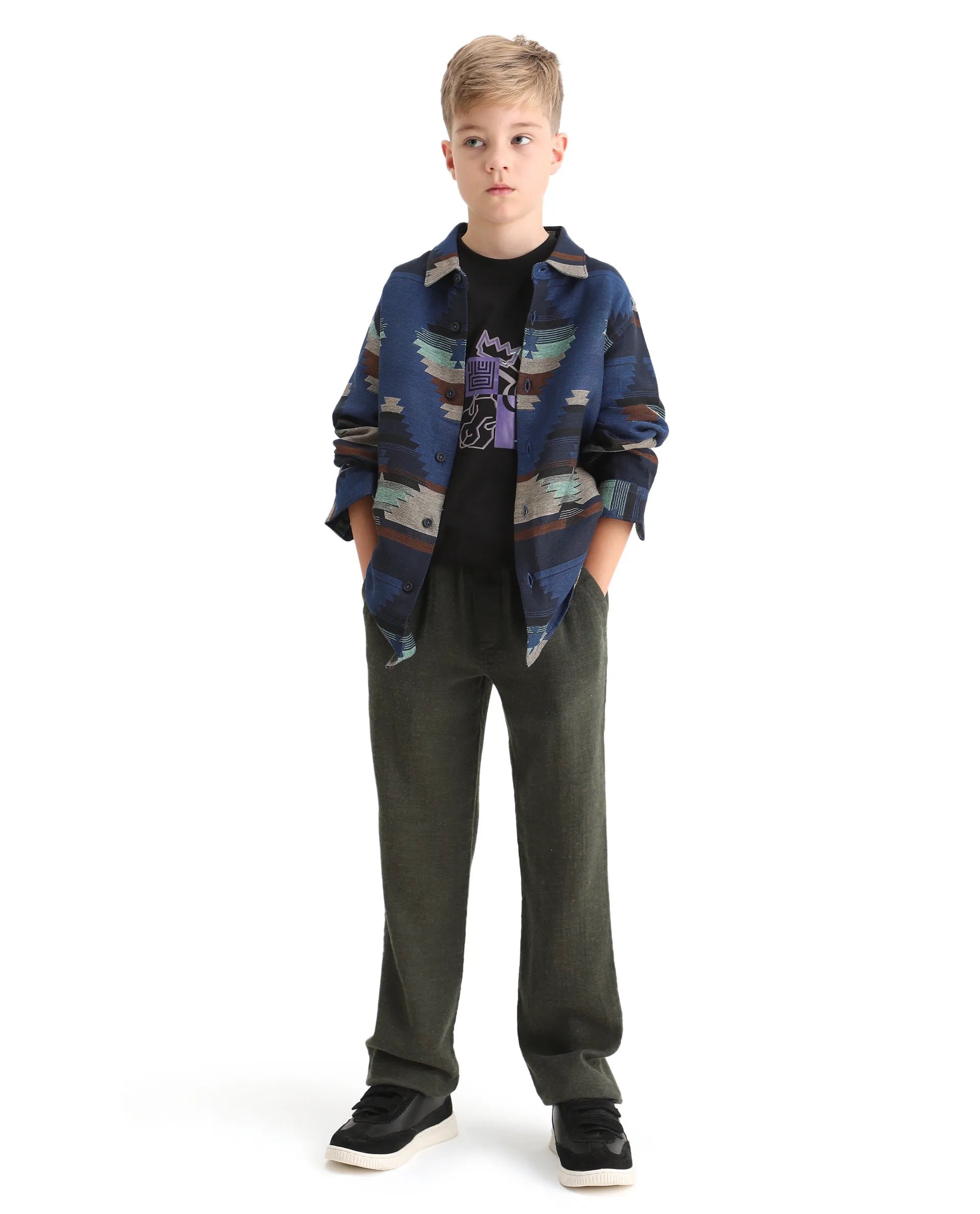 Rare Ones Kids Azlo-K Blue Cotton Blend Button Closure Spread Collar Jacquard Full Sleeves Oversized Fit Shirt