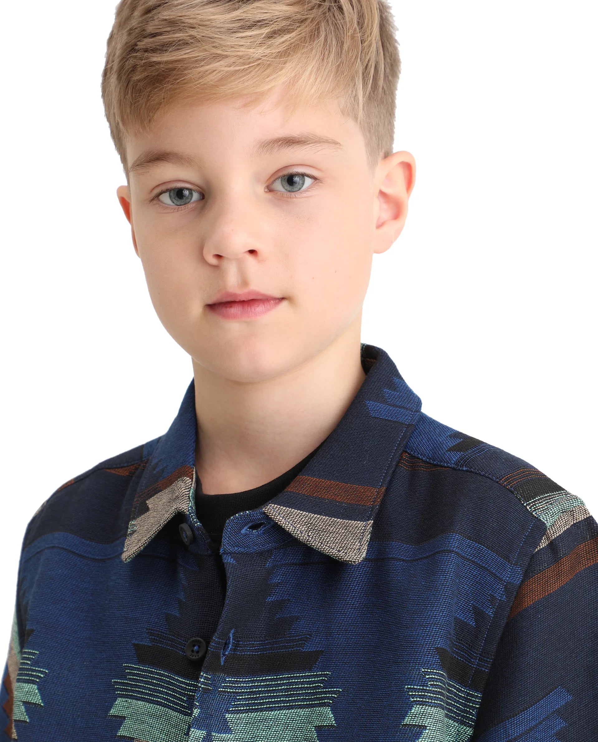 Rare Ones Kids Azlo-K Blue Cotton Blend Button Closure Spread Collar Jacquard Full Sleeves Oversized Fit Shirt