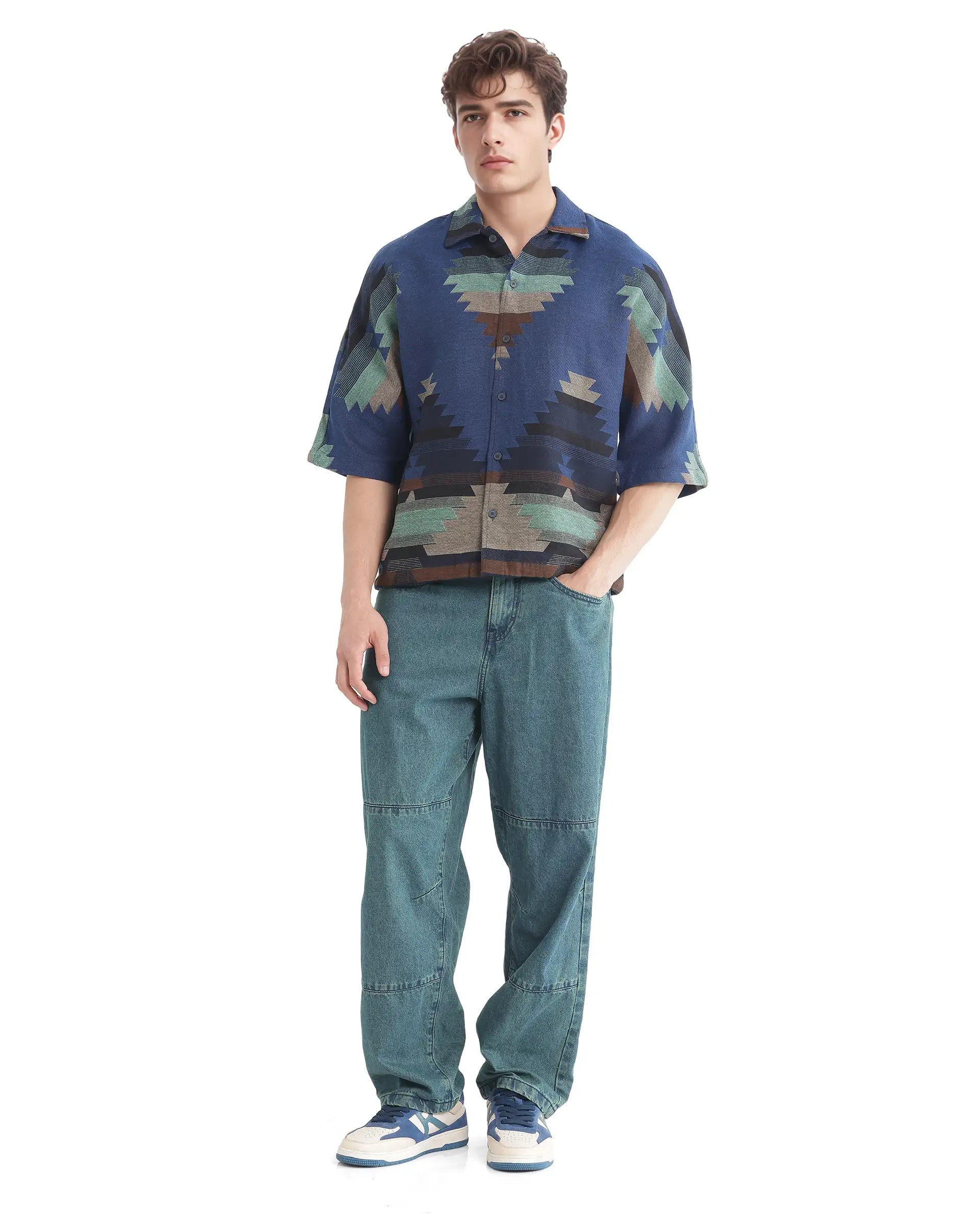 Rare Rabbit Men's Azlo Dark Navy Cotton Fabric Short Sleeve Regular Collared Button Closure Boxy Fit Jacquard Shirt