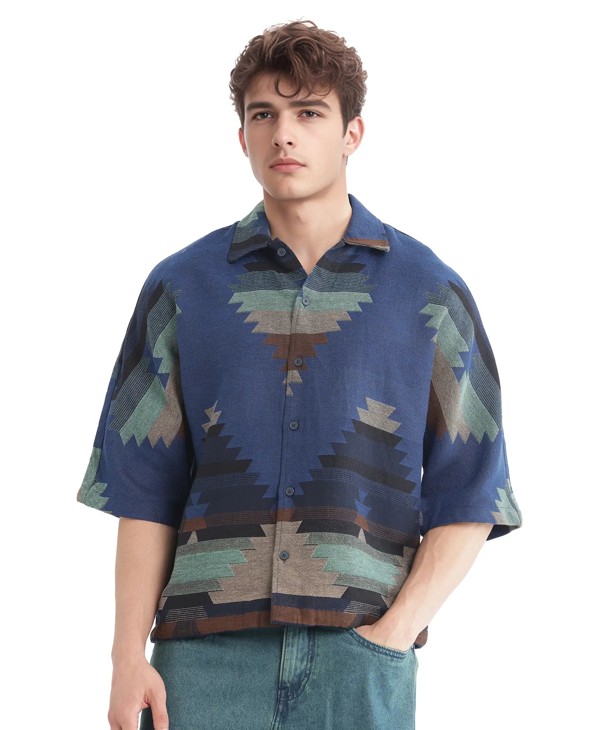 Rare Rabbit Men's Azlo Dark Navy Cotton Fabric Short Sleeve Regular Collared Button Closure Boxy Fit Jacquard Shirt