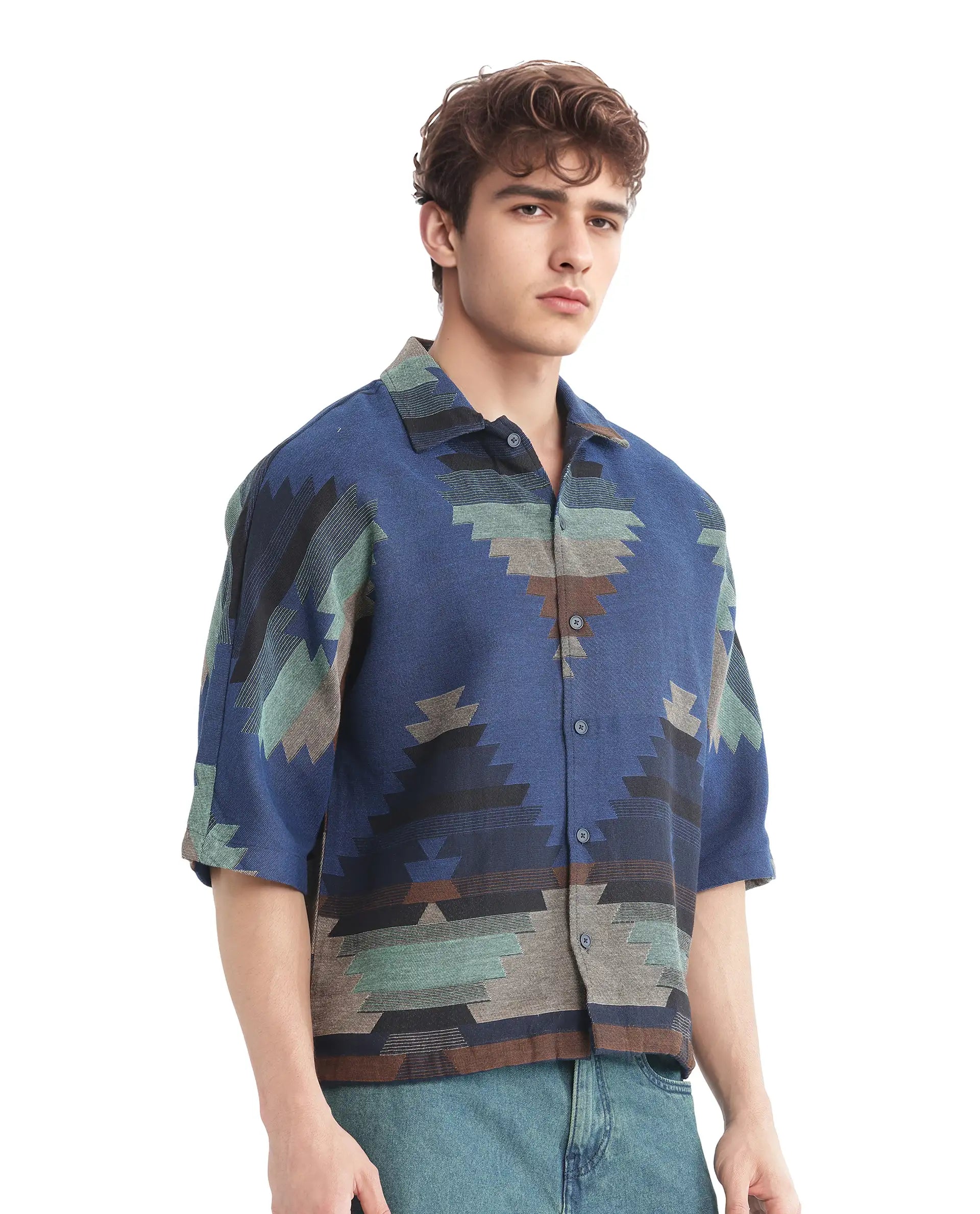 Rare Rabbit Men's Azlo Dark Navy Cotton Fabric Short Sleeve Regular Collared Button Closure Boxy Fit Jacquard Shirt