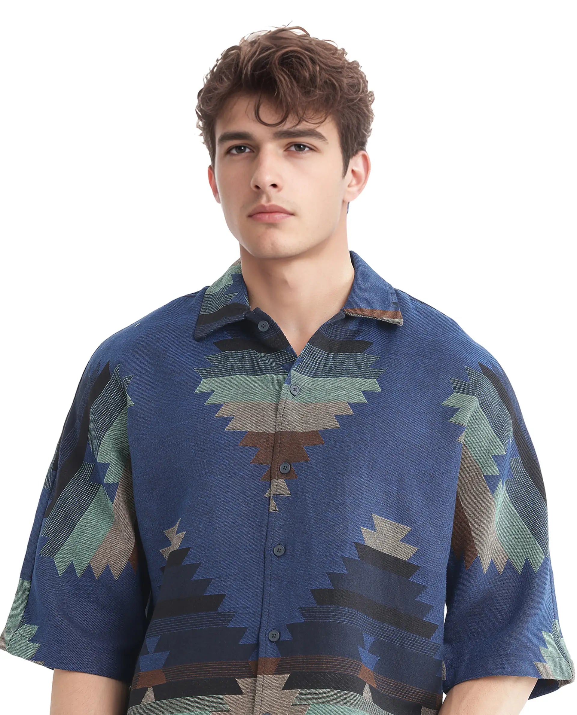 Rare Rabbit Men's Azlo Dark Navy Cotton Fabric Short Sleeve Regular Collared Button Closure Boxy Fit Jacquard Shirt