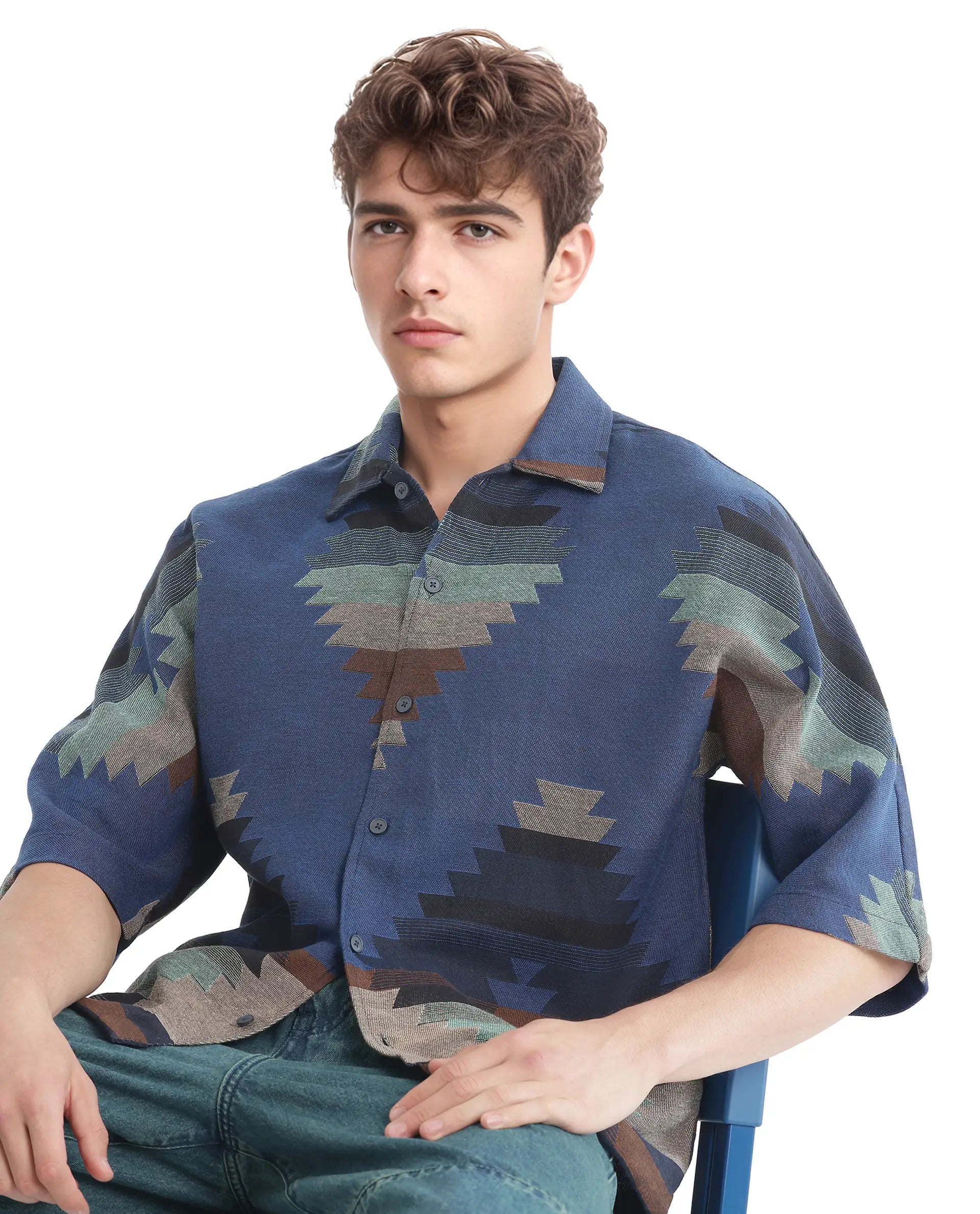 Rare Rabbit Men's Azlo Dark Navy Cotton Fabric Short Sleeve Regular Collared Button Closure Boxy Fit Jacquard Shirt