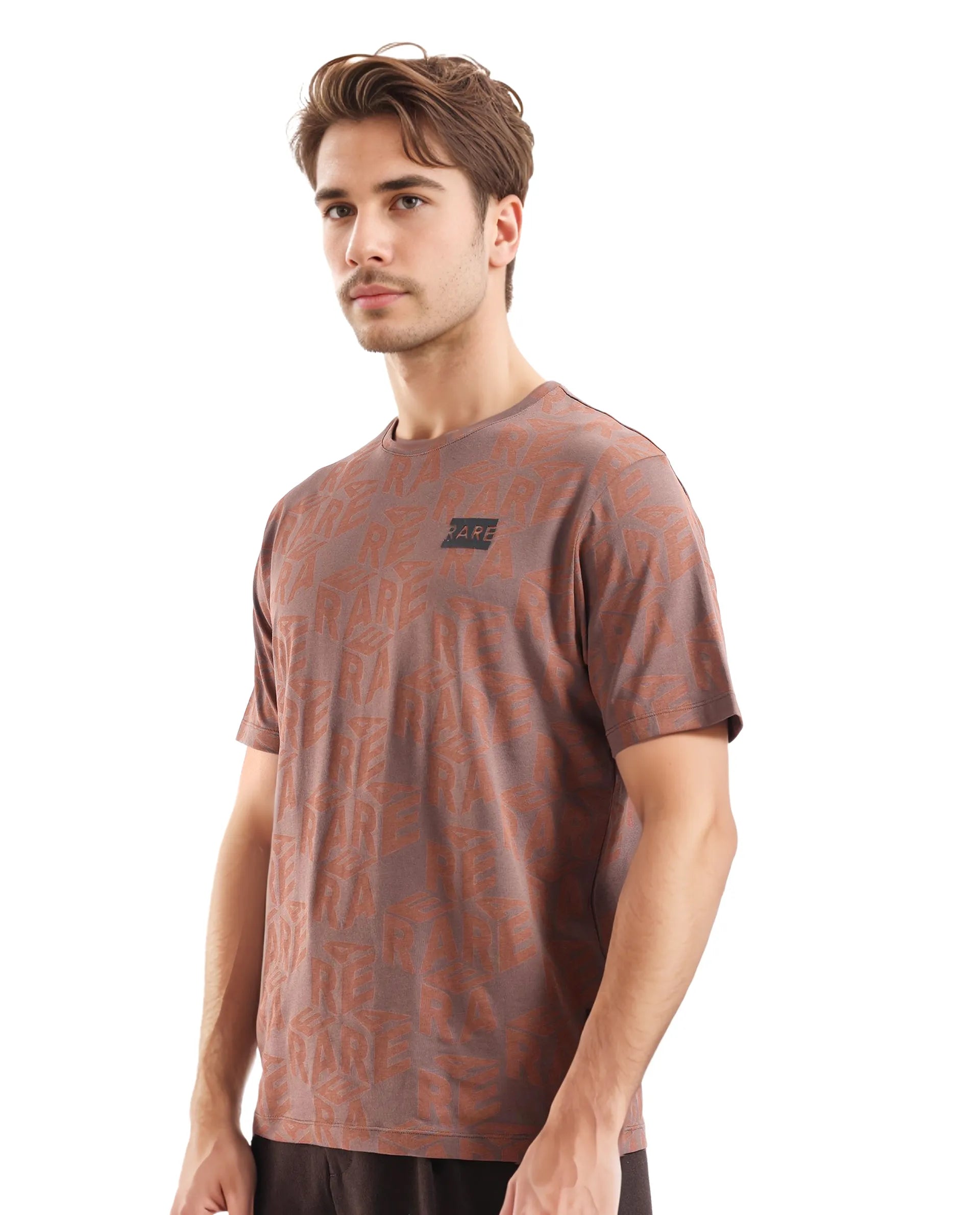 Rare Rabbit Men Azo Dark Brown Short Sleeve Crew Neck Branded Graphic Print T-Shirt