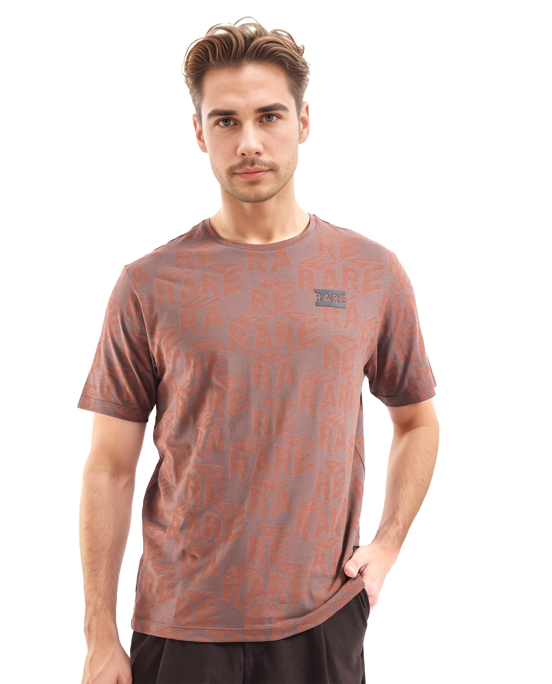Rare Rabbit Men Azo Dark Brown Short Sleeve Crew Neck Branded Graphic Print T-Shirt