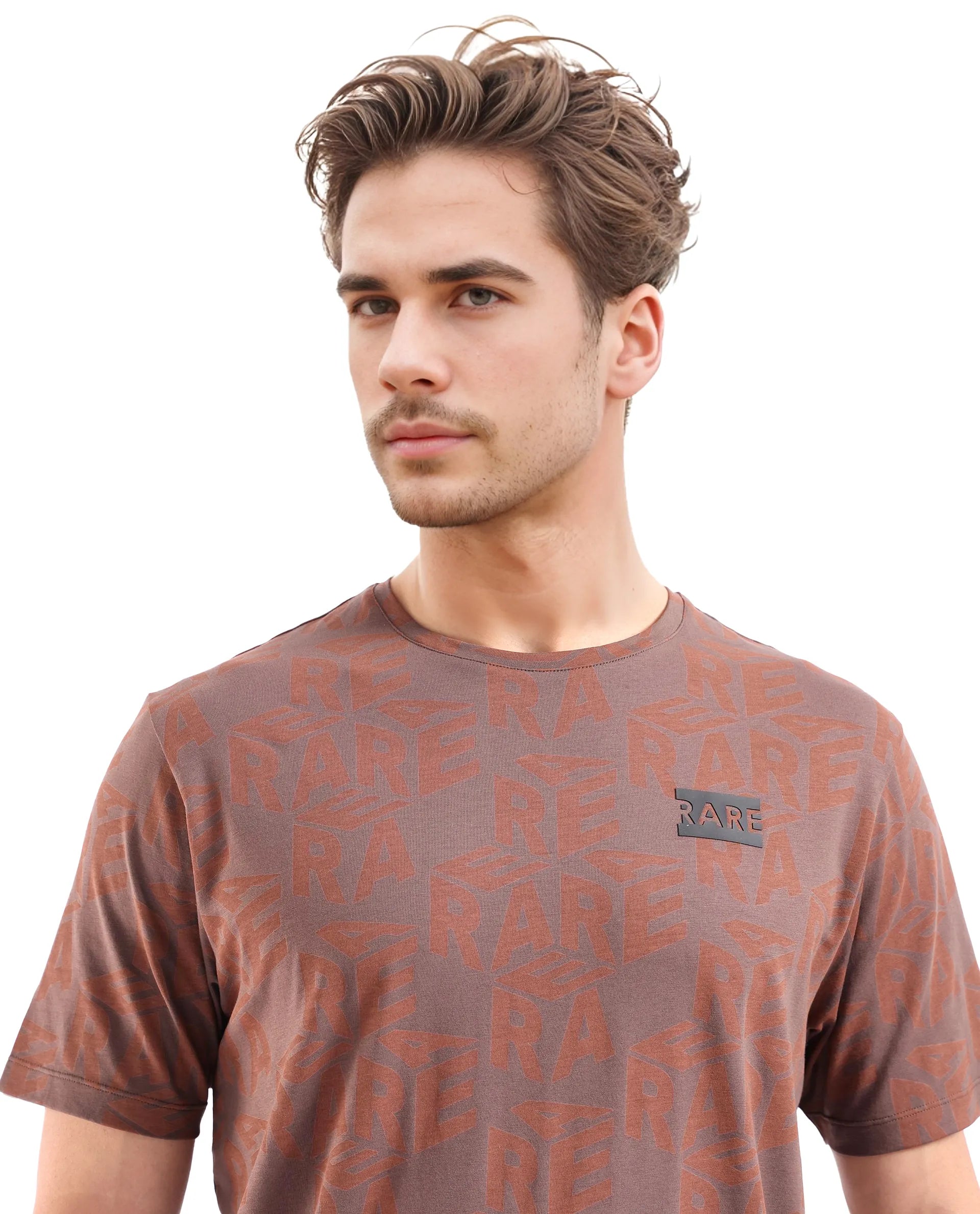 Rare Rabbit Men Azo Dark Brown Short Sleeve Crew Neck Branded Graphic Print T-Shirt