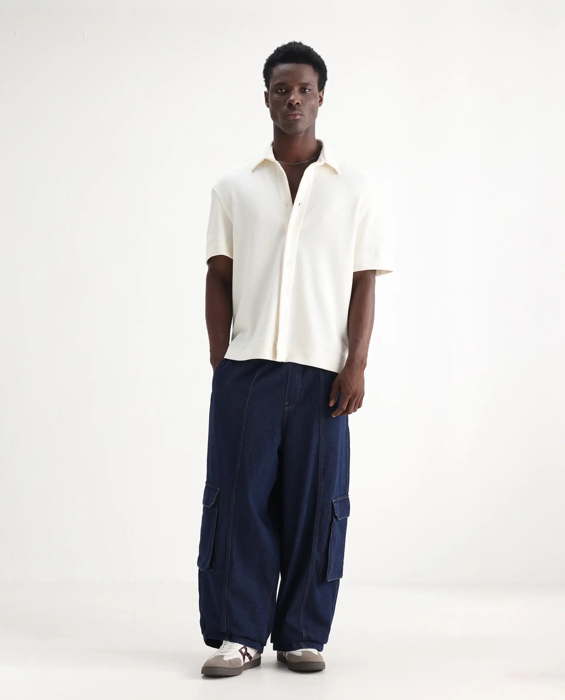 Rare Rabbit Men's Azort Blue Cotton Plain Baggy Fit Jeans