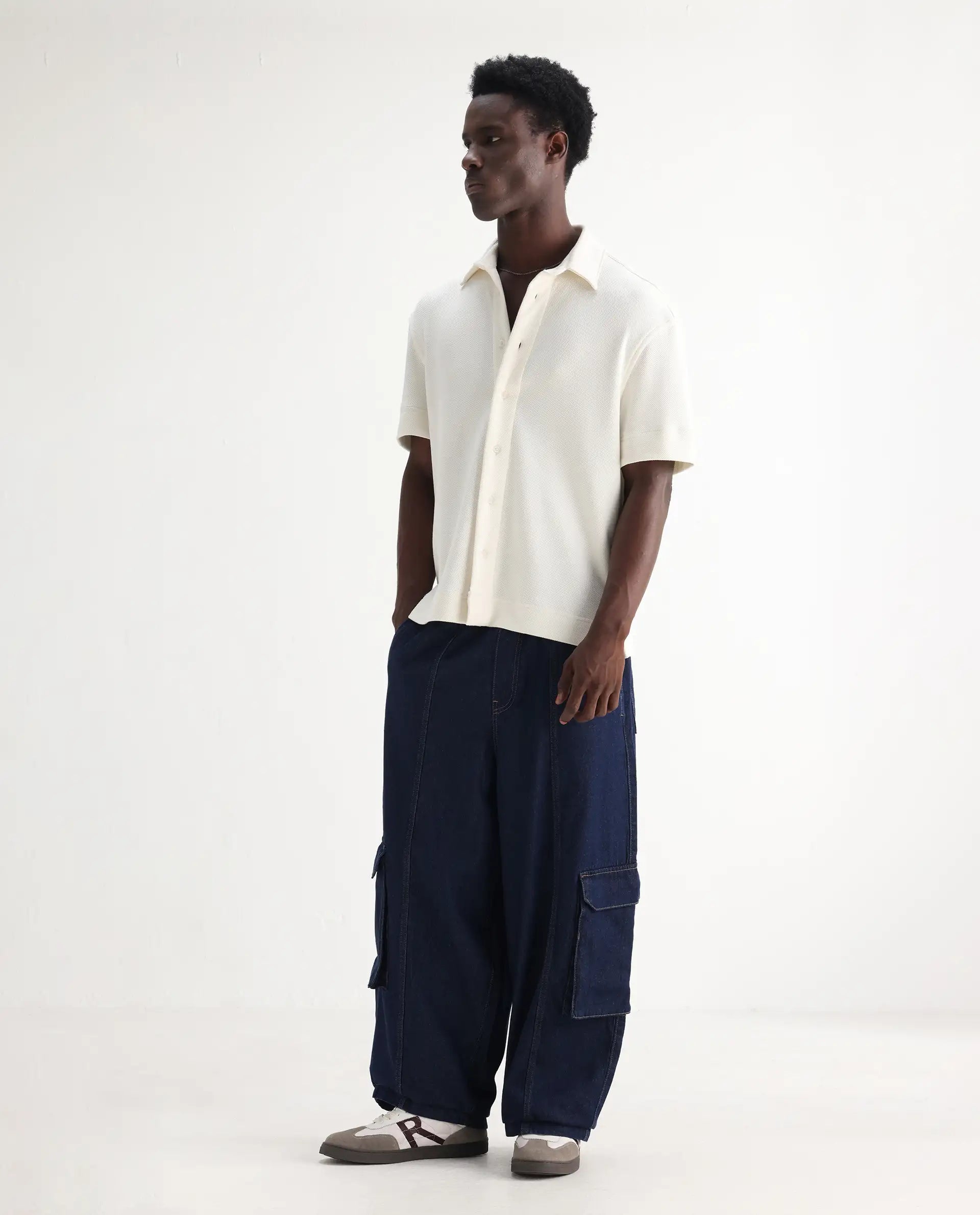 Rare Rabbit Men's Azort Blue Cotton Plain Baggy Fit Jeans