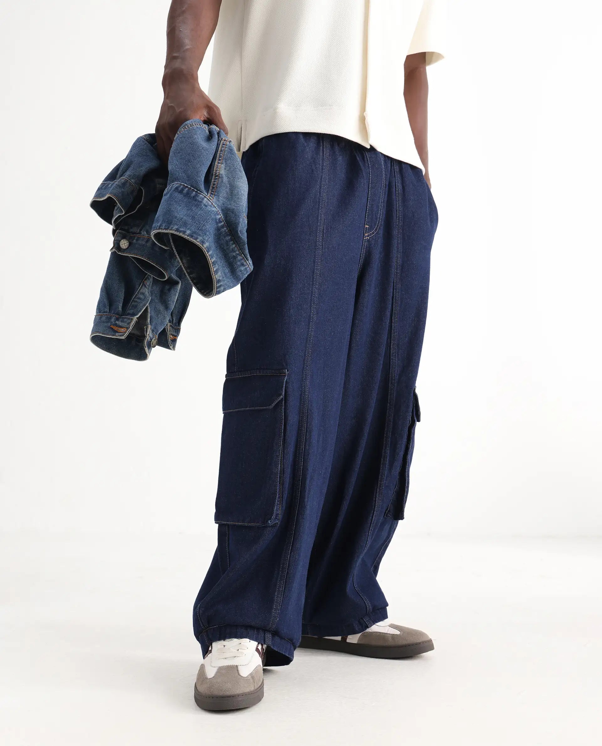 Rare Rabbit Men's Azort Blue Cotton Plain Baggy Fit Jeans