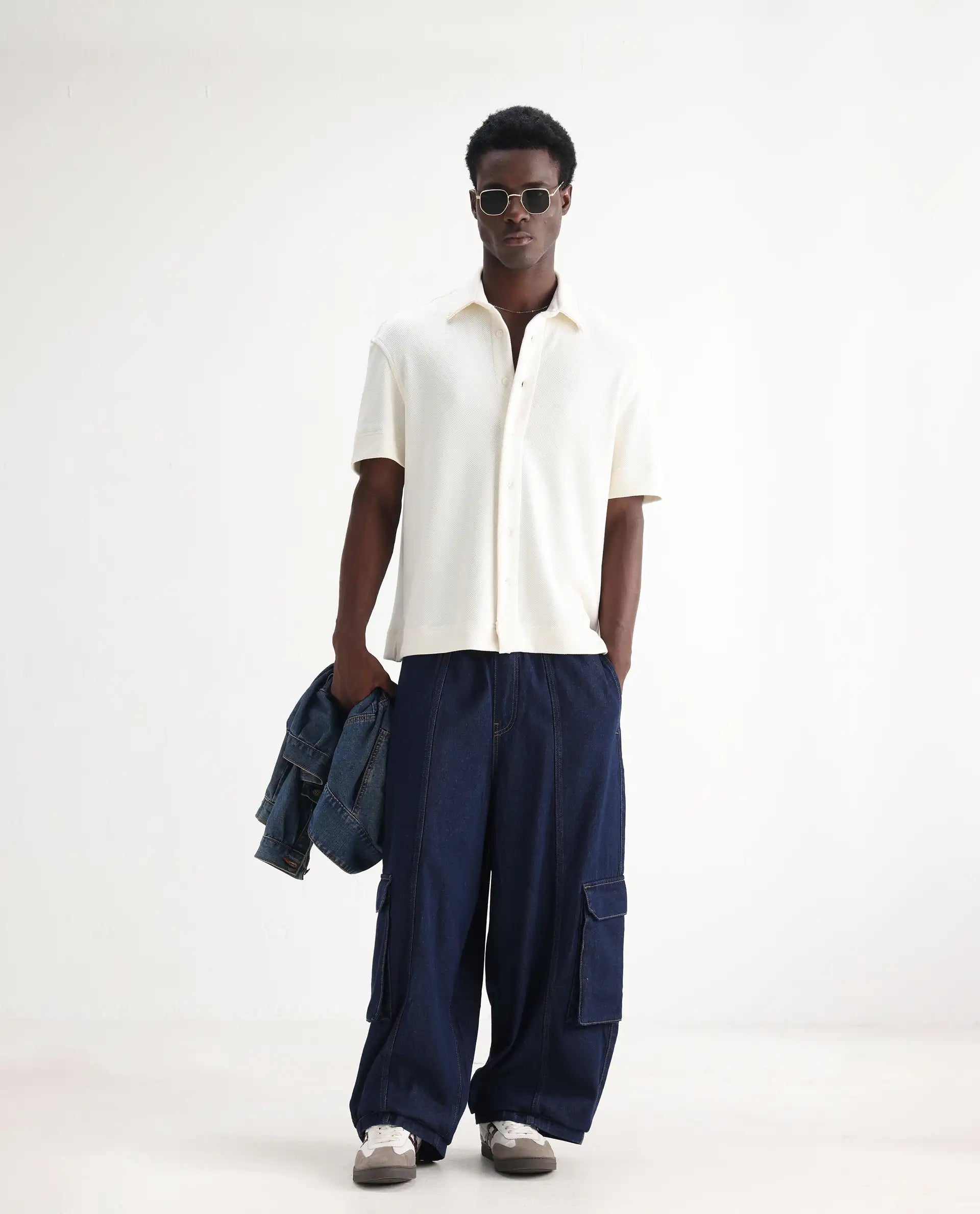 Rare Rabbit Men's Azort Blue Cotton Plain Baggy Fit Jeans