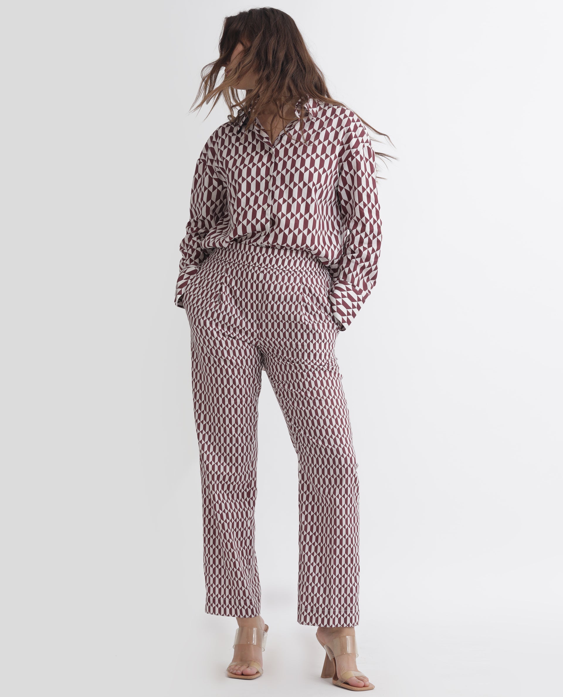 Rareism Women Azsure-B Light Brown Cotton Fabric Tailored Fit Geometric Print Ankle Length Trousers